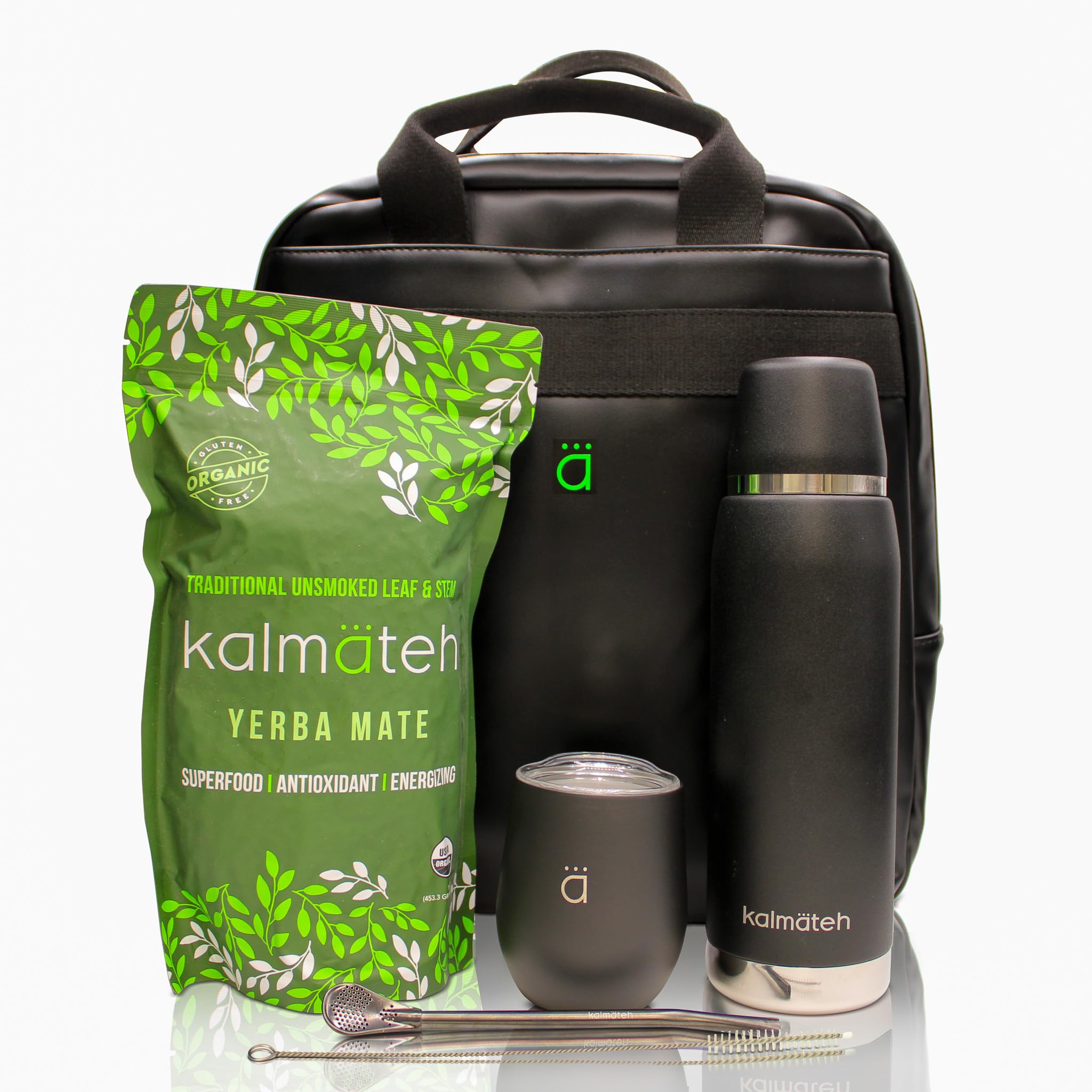 Premium Yerba Mate Kit - Stainless Steel Gourd, Insulated Thermos, Alpaca Bombilla, Cleaning Brush & Organic Unsmoked Yerba Mate (8 oz) - Perfect for Travel, Camping & Outdoor Adventures - Black Matera Backpack Included