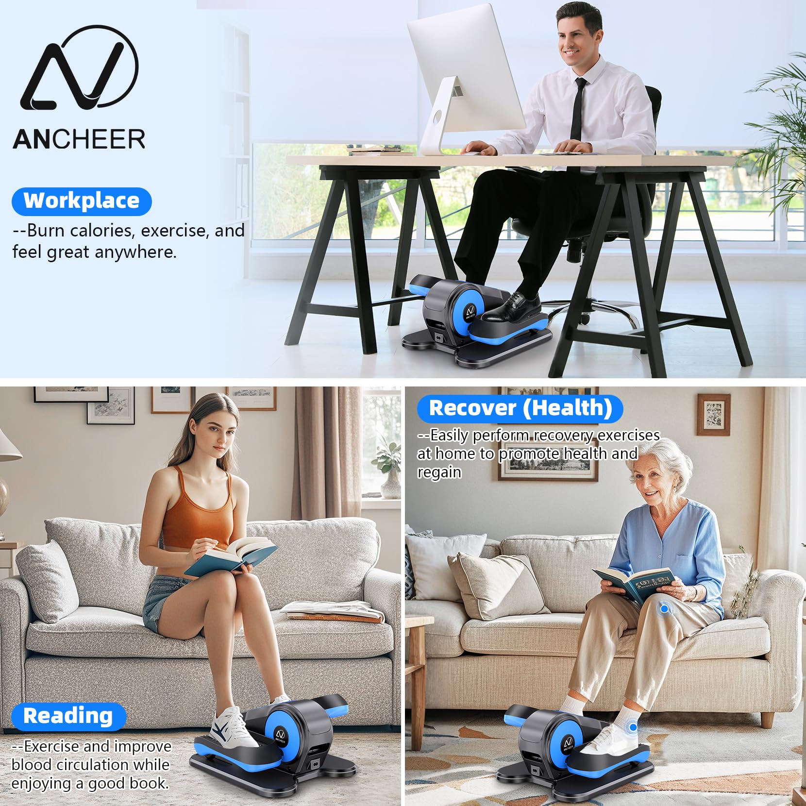 ANCHEER Under Desk Elliptical Machine - 12-Speed Adjustable Quiet Electric Pedal Exerciser for Seniors & Office Workers with Remote Control | Portable Seated Leg Workout for Home & Office Use