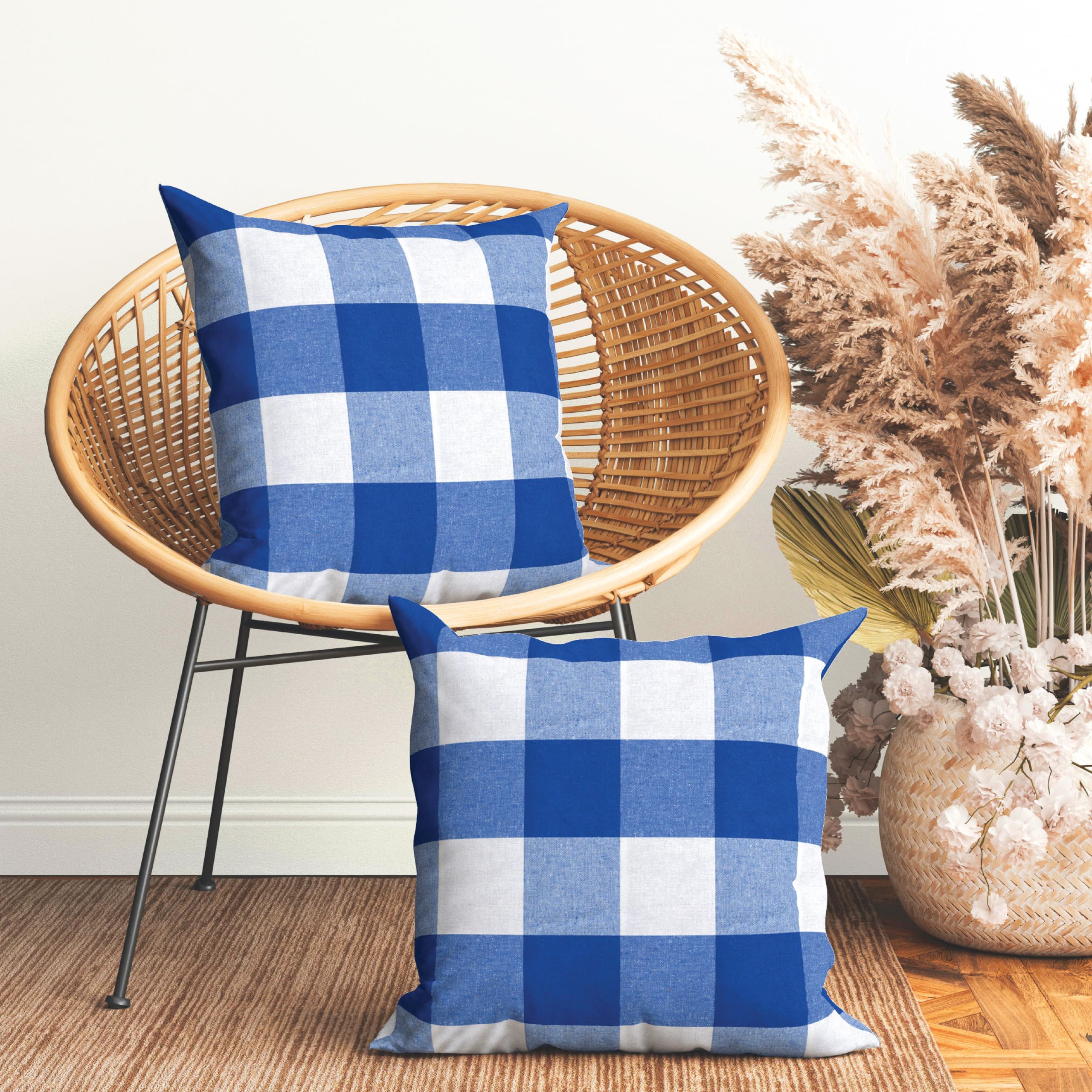 Encasa XO Farmhouse Throw Pillow Covers Set of 2 - 18x18 Inch Buffalo Blue Checkered & Striped Decorative Cushion Covers (No Inserts) for Living Room, Sofa, Couch, Bedroom - Cozy Home Decor Accent