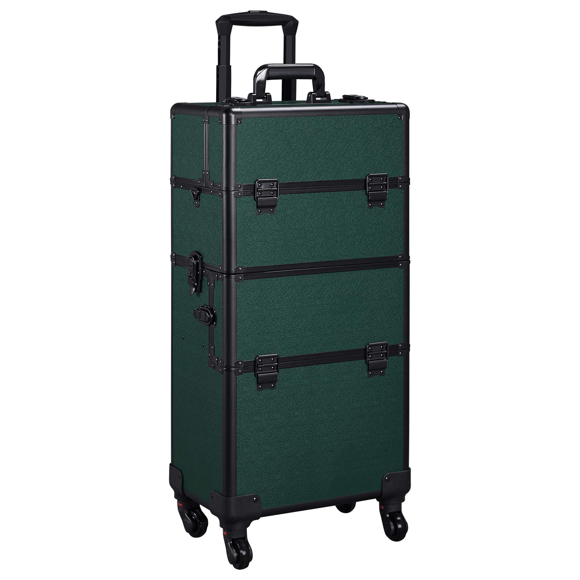 Topeakmart 3-in-1 Large Professional Rolling Makeup Train Case with Lock & Wheels - Dark Green Cosmetic Trolley & Travel Organizer | Portable Storage for Makeup Artists, Salon Professionals & Travel Use