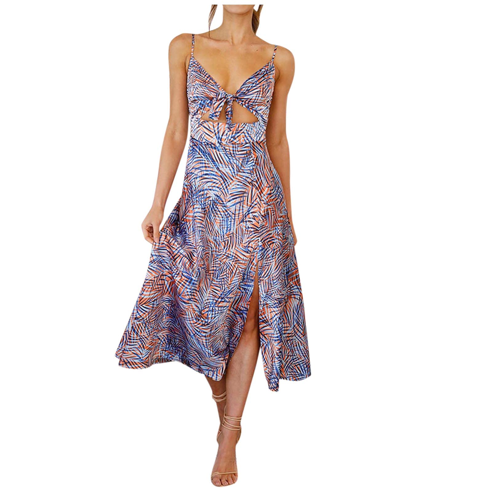 Women's Long Sleeve Summer Dress with Slit & Sling Design - Flowy Printed Casual Sundress with Hollow Details | Perfect for Beach Vacations, Date Nights & Summer Parties