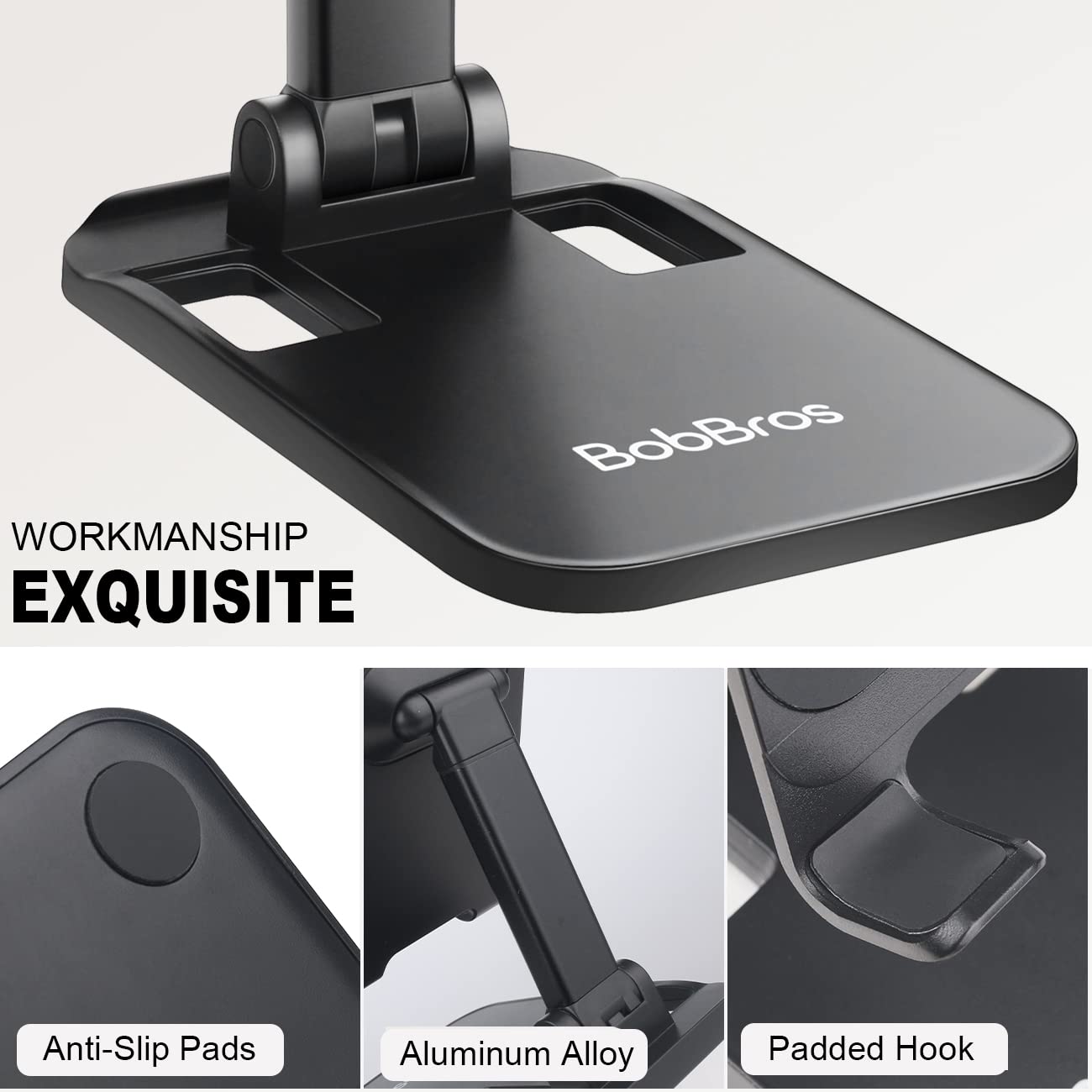 Adjustable Folding Cell Phone Stand for Desk - Height & Angle Adjustable Phone Holder - Universal Compatibility with All Smartphones & Tablets - Perfect for Work, Study & Video Calls - Black