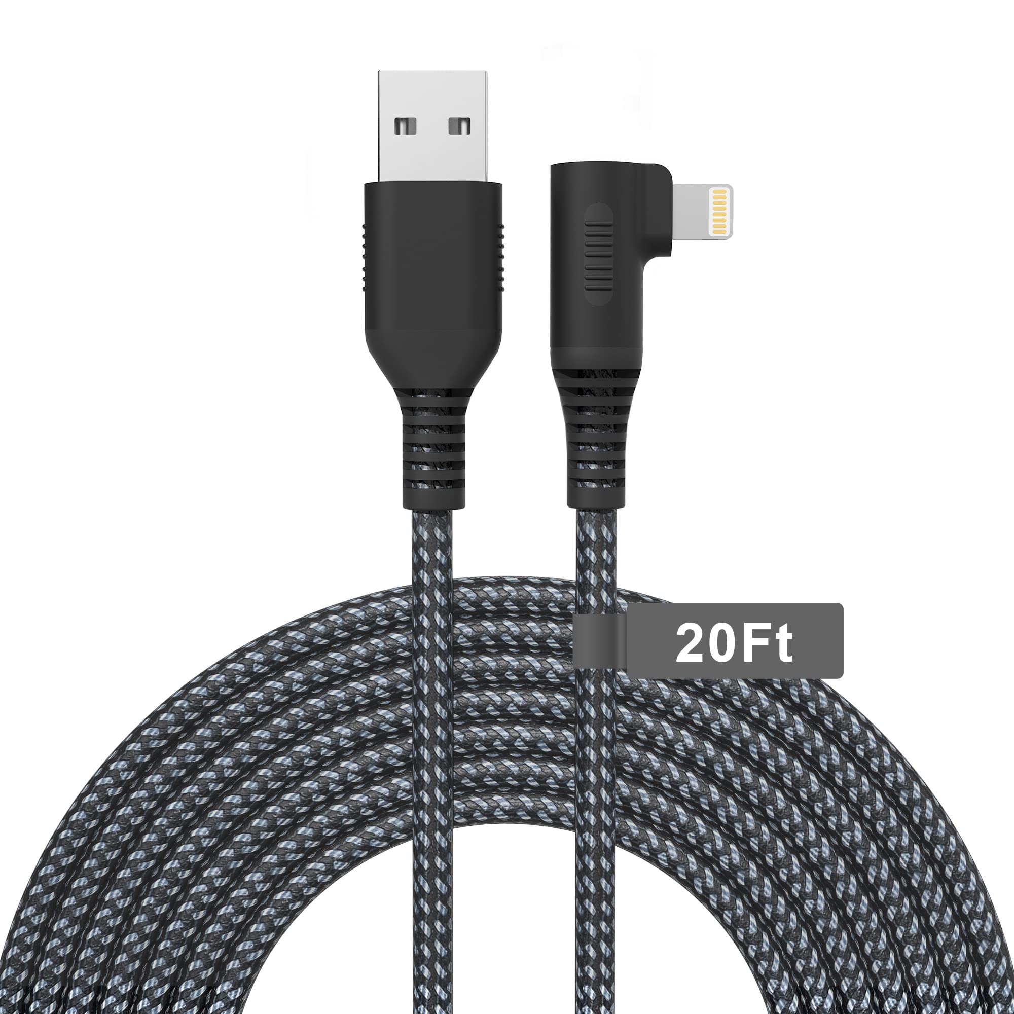 20ft Extra Long Lightning Cable - Apple MFi Certified Right Angle iPhone Charger | Fast Charging Nylon Braided Cord for iPhone 13/12/11/X/8/7 | Perfect for Bedside, Car & Office Use