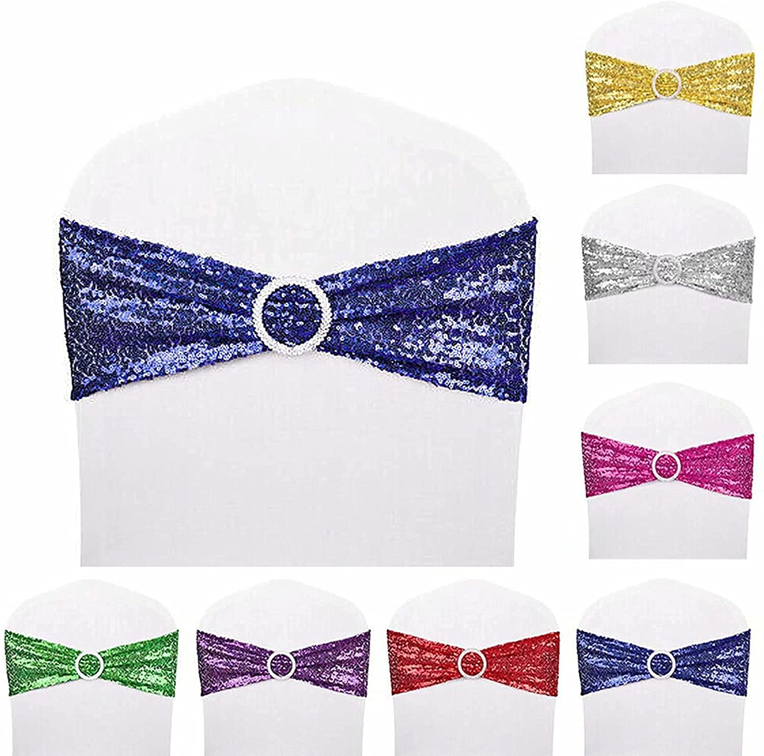 100pcs Blue Sequin Chair Sashes - Stretch Spandex Chair Bands with Buckles for Wedding, Banquet, Birthday, Graduation, Anniversary & Prom Decorations | Perfect for Party Chair Decor, Table Runner Accents, and Celebration Venue Styling