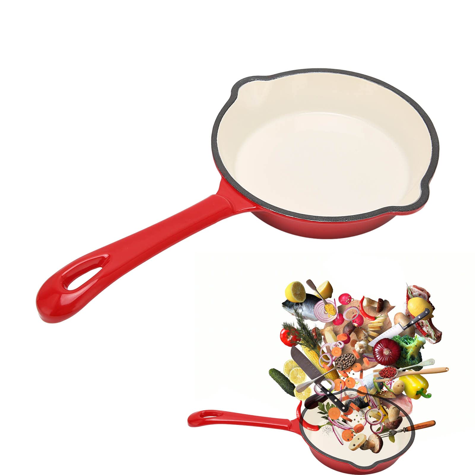 **Enameled Cast Iron Wok Pan - Double Non-Stick Coating, Pour Spout & Long Handle - Durable & Scratch-Resistant for Home Restaurant & Stir-Fry Cooking**