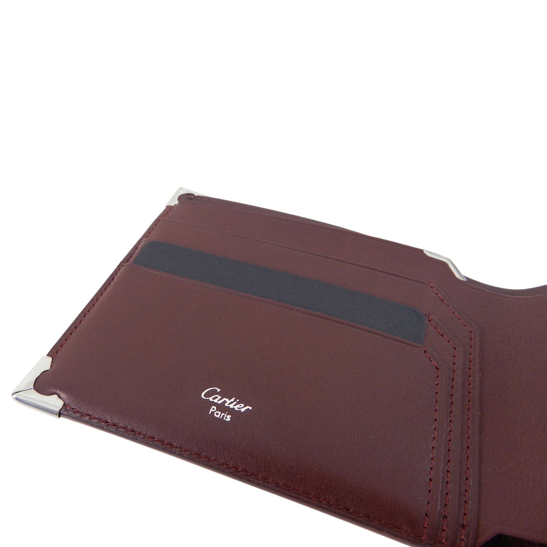 Cartier Burgundy Genuine Leather Bifold Wallet with Silver Corner Caps - Stylish & Durable Men's Wallet for Everyday Use & Gifts