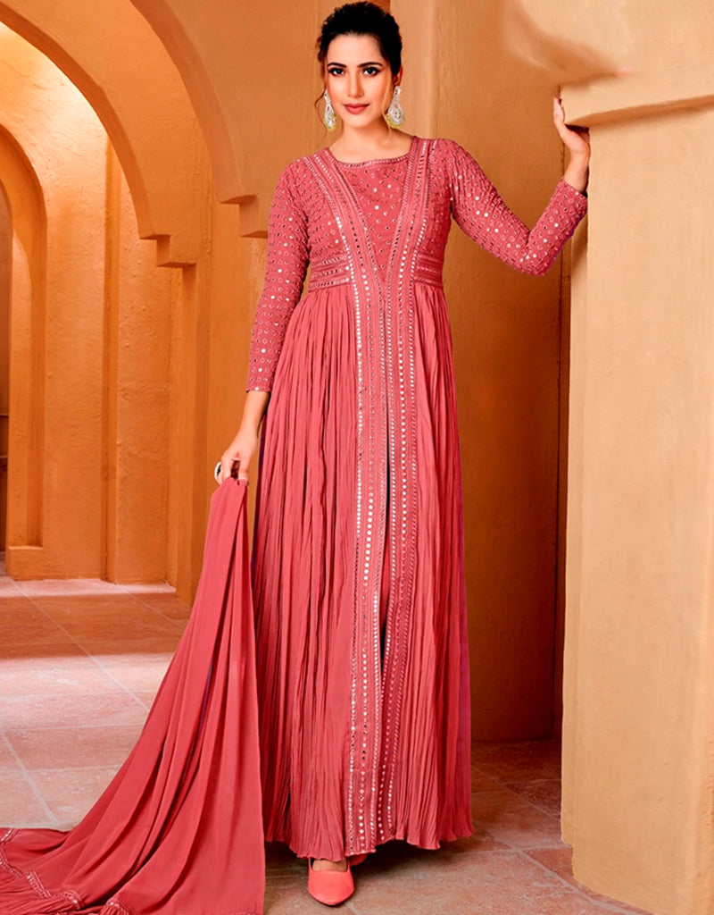 Elegant Pink Pant Style Anarkali Dress in Crushed Real Georgette Fabric for Women - Perfect for Weddings, Parties and Festive Occasions
