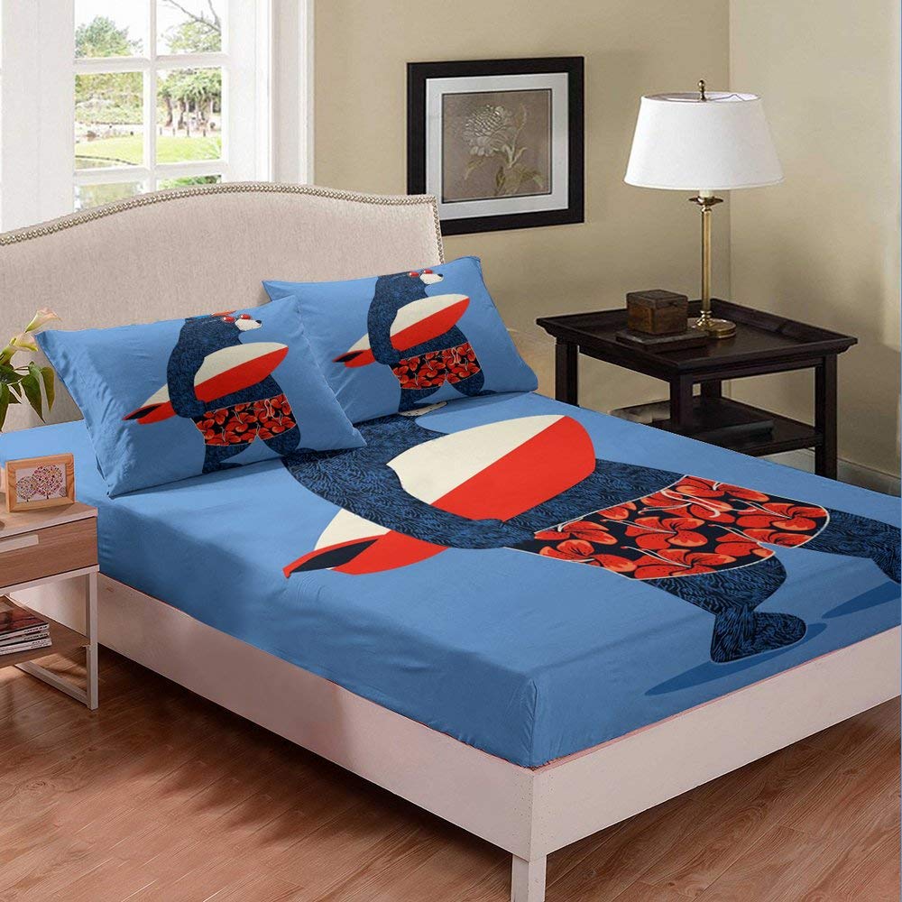 Bear Surfing Bed Sheet Set for Kids - Full Size Blue Light Blocking Hippie Bedding, Modern Cartoon Polar Chic Design - 3 Piece Bed Cover Set for Boys & Girls | Perfect for Kids' Rooms, Dorm Decor & Themed Bedrooms