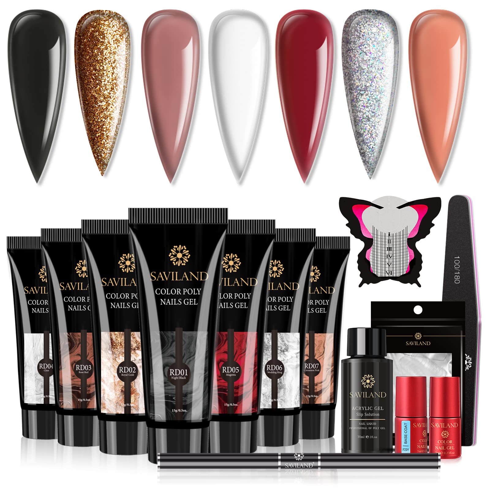 Saviland 7 Colors Poly Nail Gel Kit - Glitter Red & Nude Builder Gel for Nail Extensions | Professional & Starter Poly Gel Nail Enhancement Manicure Set | Perfect for Salon, Home Use & DIY Nail Art