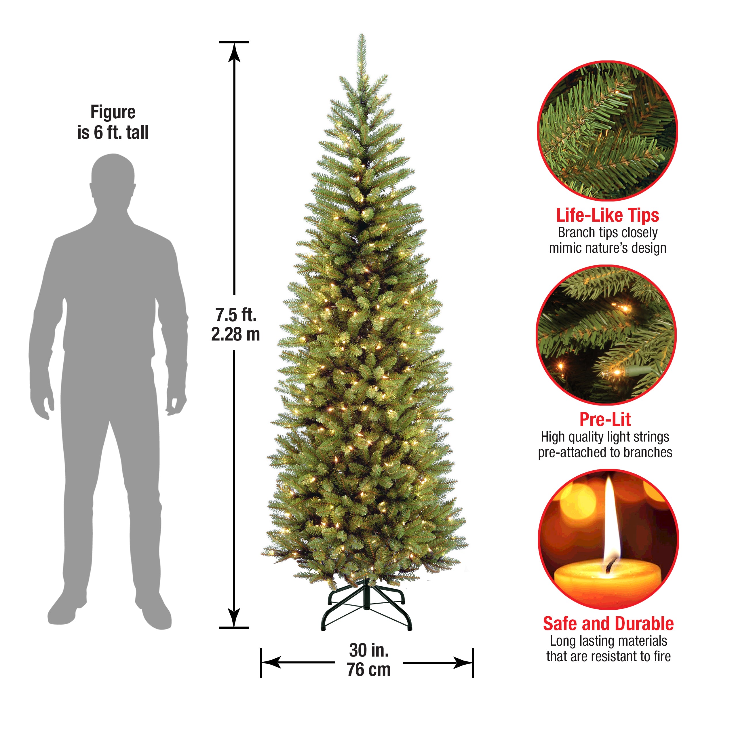 7.5 ft Pre-Lit Kingswood Fir Pencil Christmas Tree with 600 Clear LED Lights - Perfect for Living Room, Office & Holiday Decorations