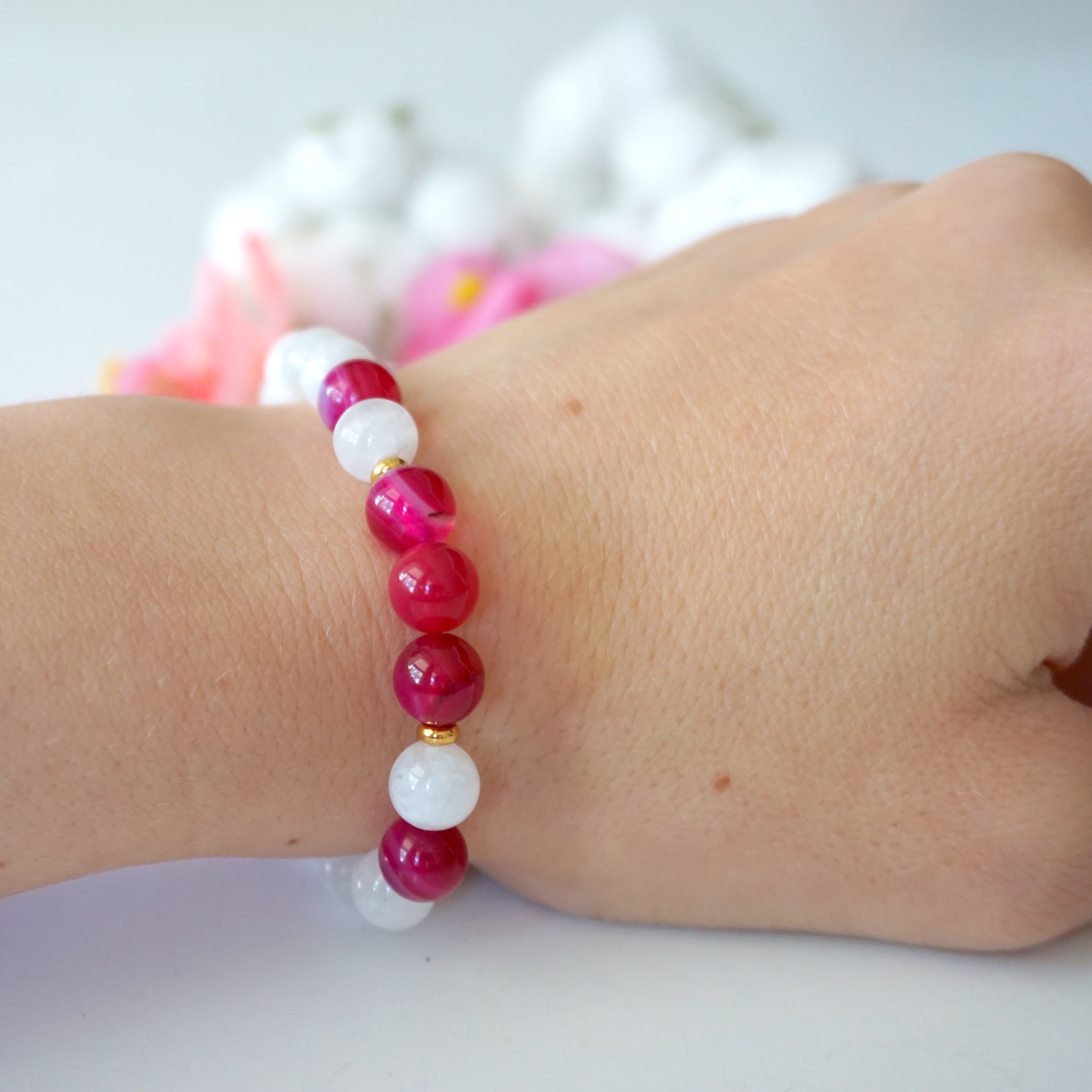 Pink Agate Healing Crystal Mala Bracelet - Natural Stone Beads for Meditation, Yoga & Spiritual Balance | Handmade Adjustable Buddhist Prayer Beads