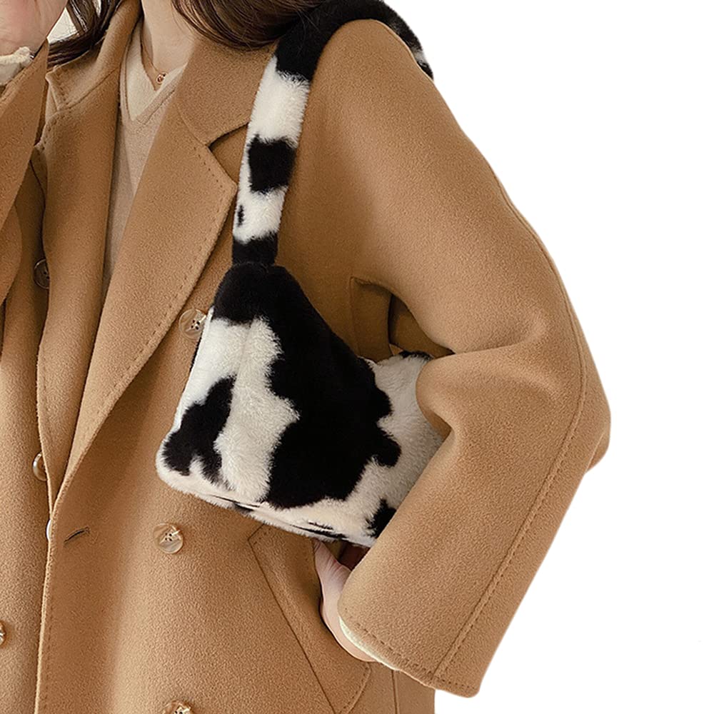 Women's Fluffy Faux Fur Cow Print Shoulder Bag - Fashionable Clutch Purse & Underarm Handbag with Zipper - Stylish Satchel & Tote for Parties, Date Night, and Everyday Use