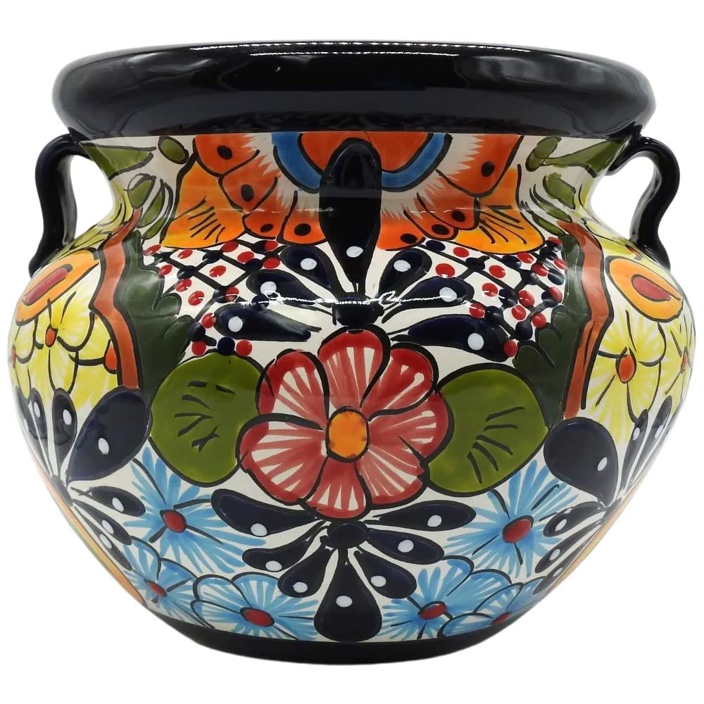 Hand Painted Michoacana Planter - Small Glazed Ceramic Pot for Indoor & Outdoor Plants - Multi-Colored Puebla Style Decor - Perfect for Home, Garden, Office & Gift Giving
