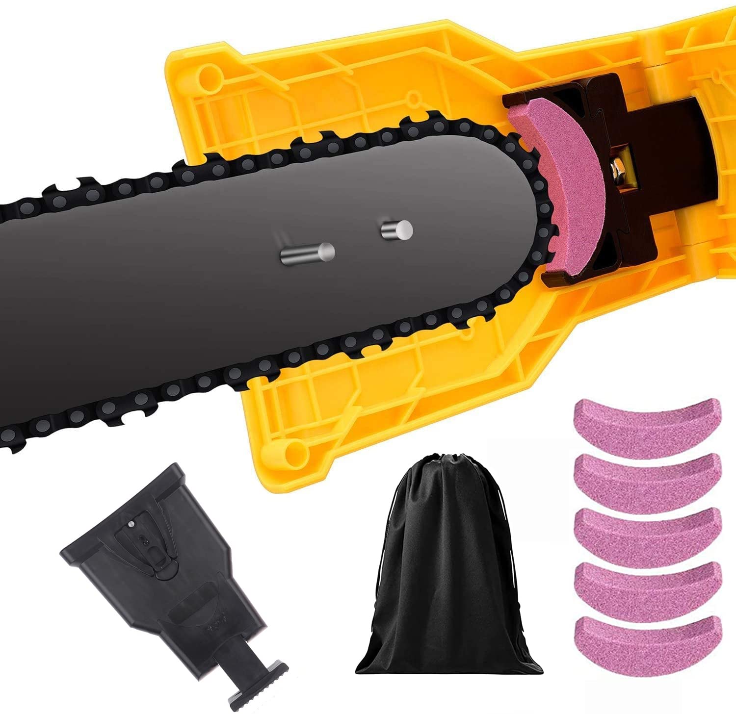 Shuoguoleilei Chainsaw Sharpener Kit - Fast Sharpening Stone Grinder Tool with 5 Whetstones, Bar Mounted for 14 16 18 20 Inch Chainsaw Blades (Black) - Perfect for Wood Cutting, Tree Trimming & Firewood Preparation