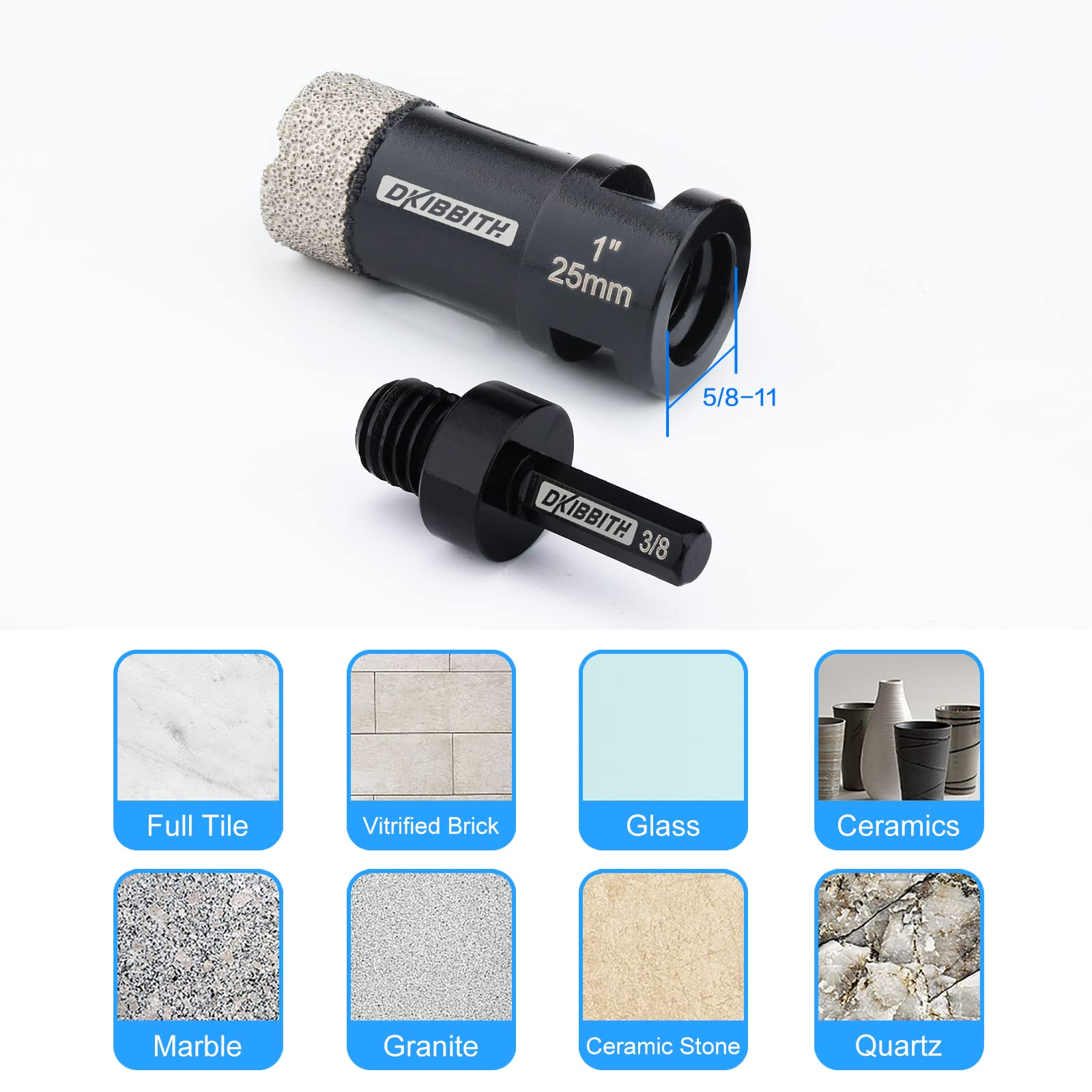 1 Inch Dry Diamond Core Drill Bits - 25mm Vacuum Brazed Hole Saw for Porcelain, Ceramic, Granite, Brick & Concrete - 5/8-11 Thread to 3/8