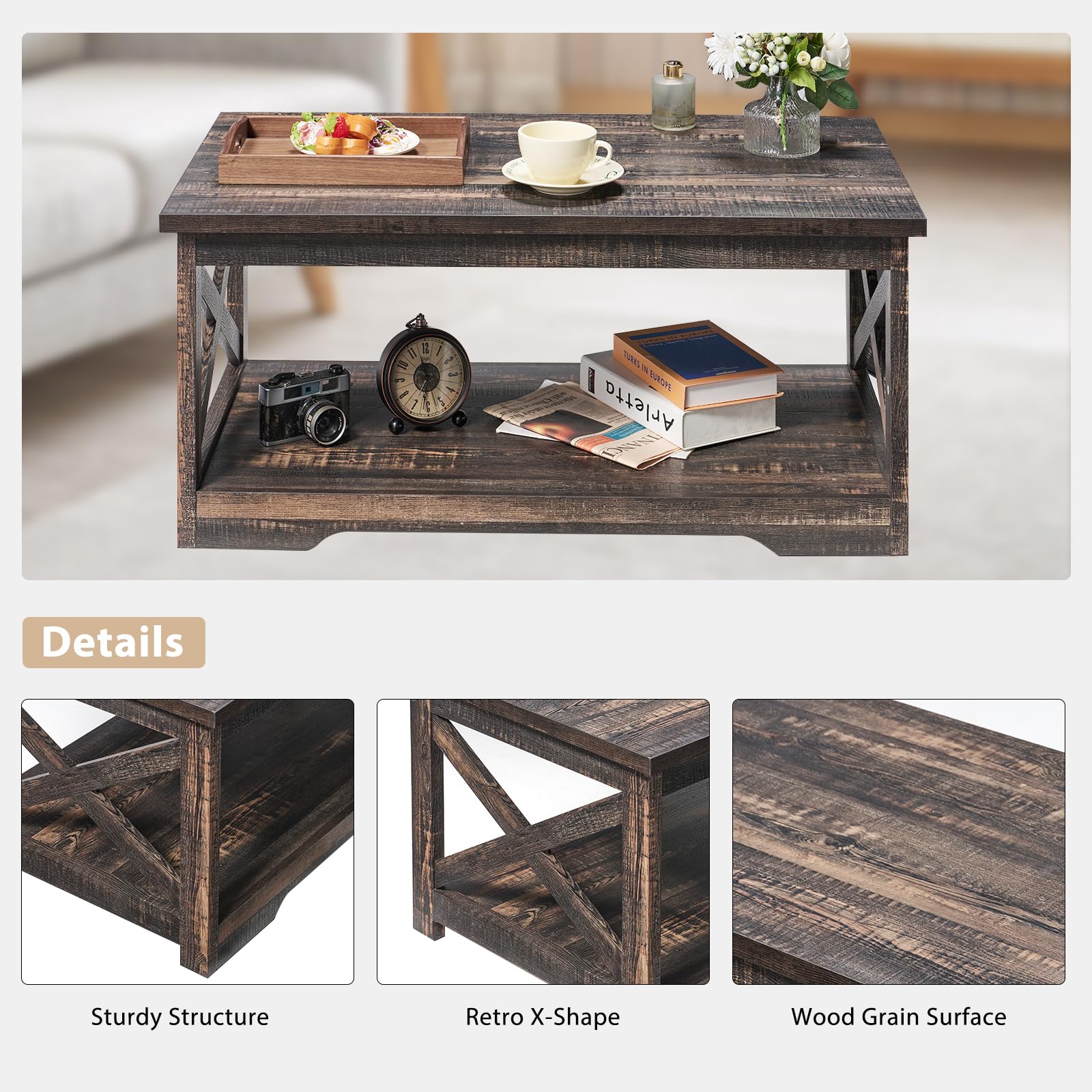 AMERLIFE 4-Piece Farmhouse Table Set - Sliding Barn Door TV Stand, Coffee Table & 2 End Tables with Charging Station & USB Ports - Dark Oak 66