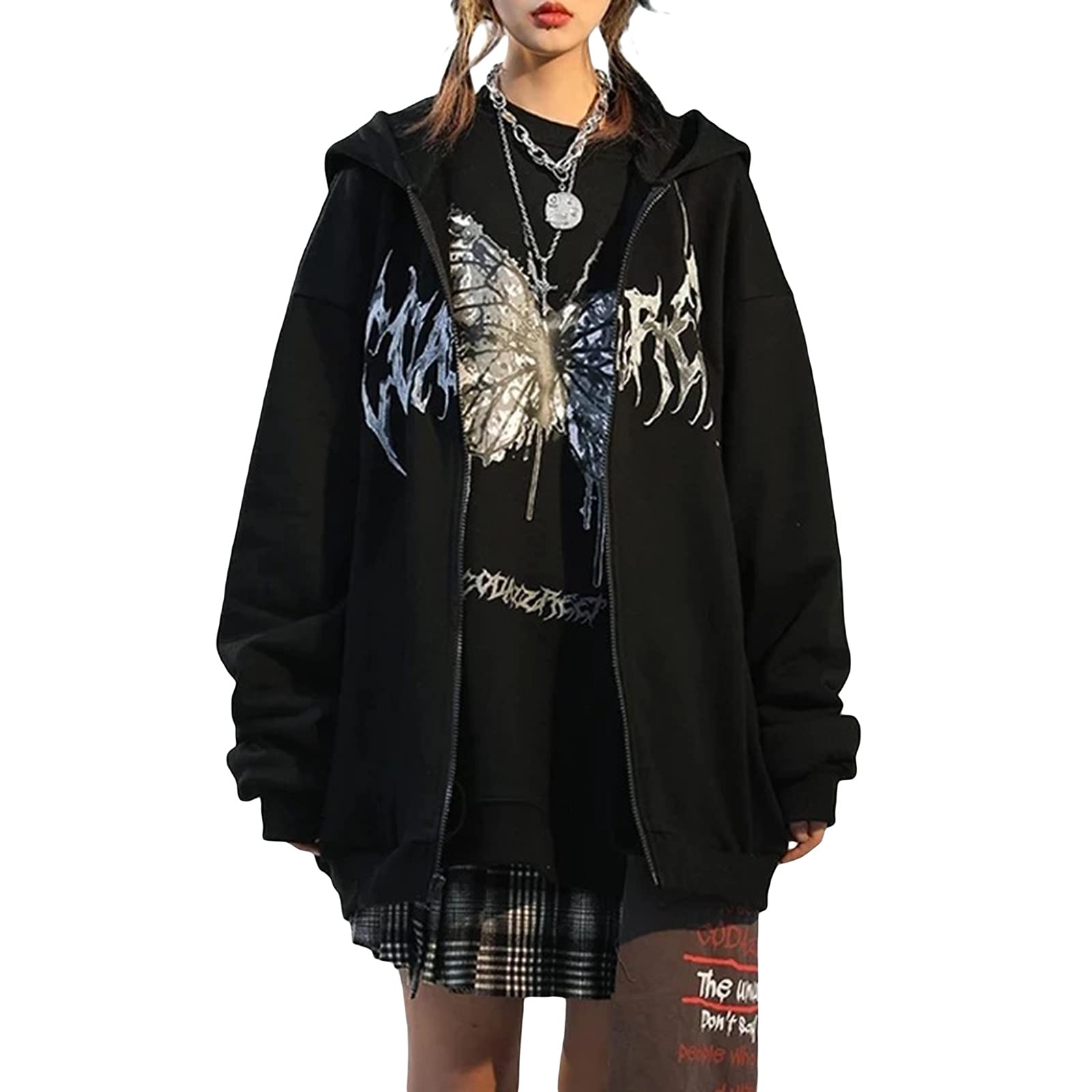 Gothic Zip Up Hoodie for Women - Oversized Harajuku Punk Sweatshirt | Y2K Aesthetic Fall Jacket | Perfect for E-Girl Fashion, Streetwear & Autumn Layering
