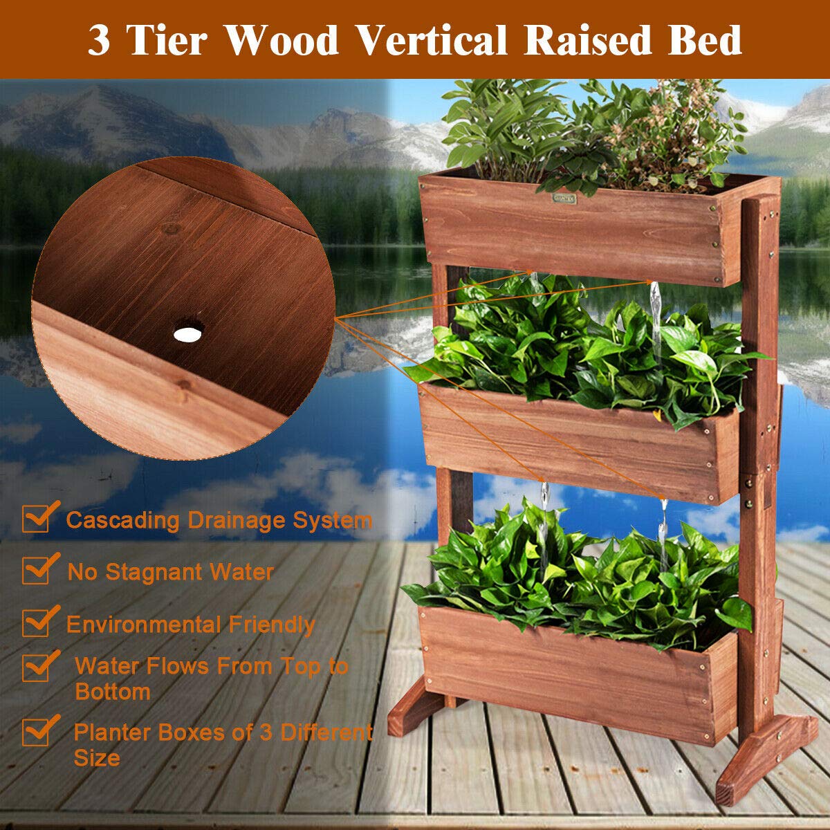 Giantex 3-Tier Raised Garden Bed - Vertical Freestanding Wooden Flower Stand with Detachable Ladder & Adjustable Shelves - Indoor/Outdoor Plant Organizer for Patio, Balcony, Backyard (Nut Brown)