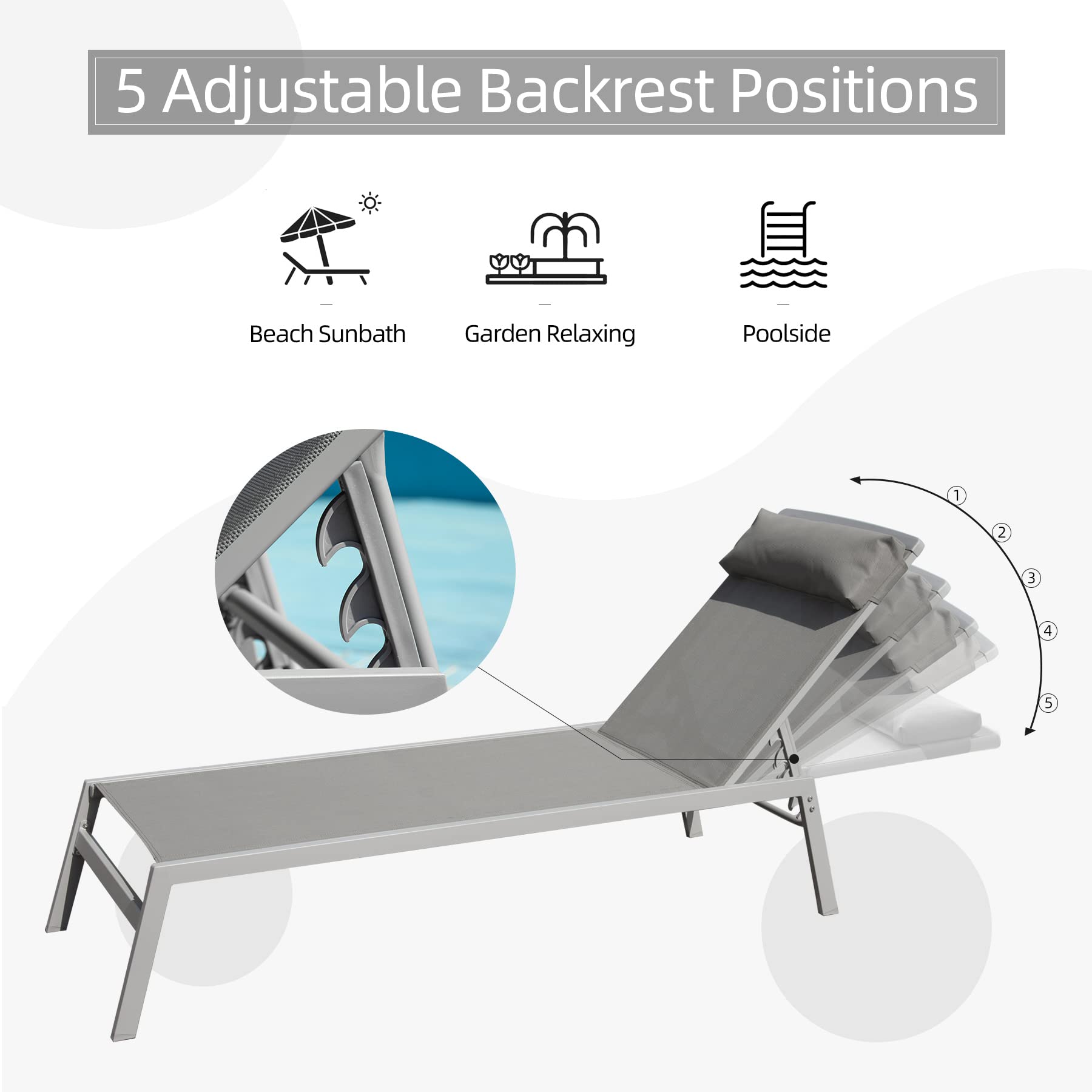 **DOMI Patio Chaise Lounge Set – Adjustable Aluminum Pool Lounge Chairs with Textilene Fabric, Headrest & Side Table – 5-Position Reclining for Sunbathing, Outdoor Relaxation by Pool, Beach, or Garden (Grey)**