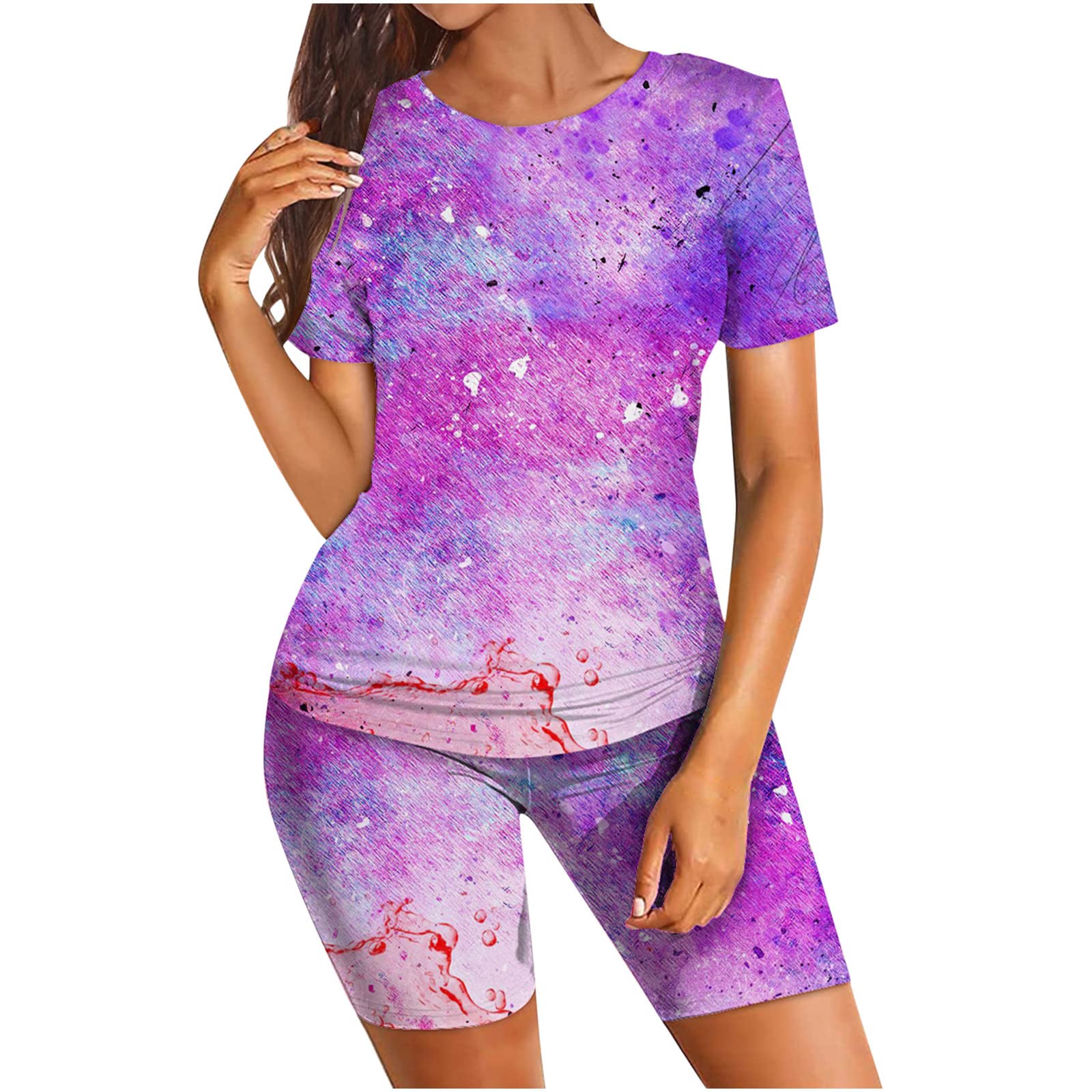 Trendy Tie Dye Women's 2-Piece Lounge Set - Short Sleeve Workout Top & Bodycon Shorts for Yoga, Gym, Running & Casual Wear