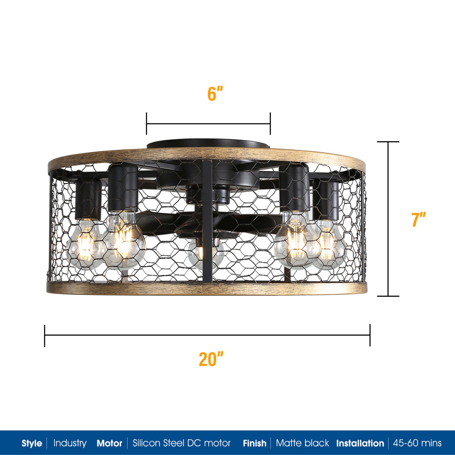 20 Inch Industrial Caged Ceiling Fan with 7 ABS Blades & Remote Control - Reversible DC Motor, Small Flush Mount Farmhouse Ceiling Fan for Bedroom, Living Room, Kitchen, Garage & Outdoor Spaces