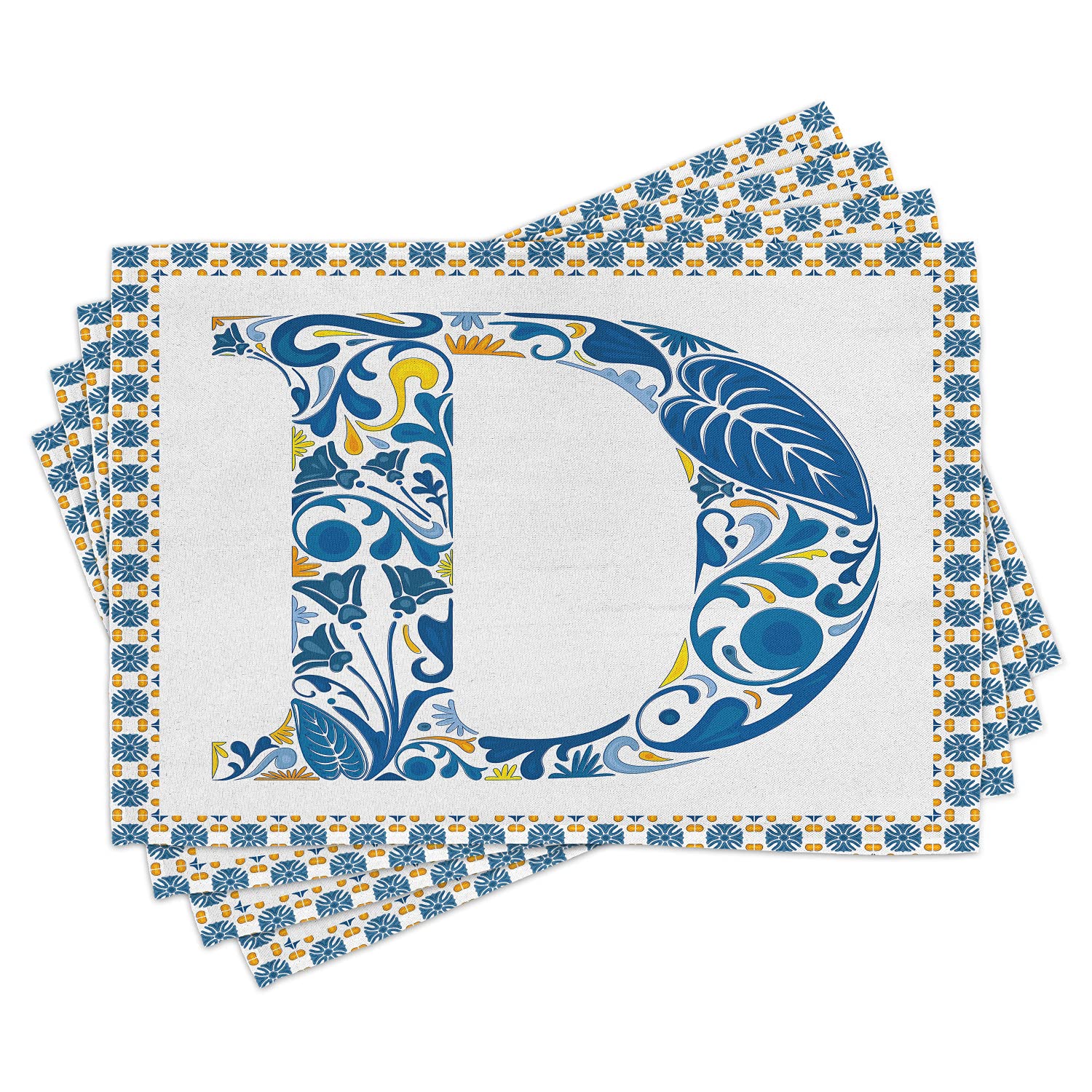 Ambesonne Letter D Place Mats Set of 4 - Vibrant Swirl & Floral Alphabet Art Washable Fabric Placemats for Dining Table Decor in Blue, Yellow & Orange | Perfect for Kitchen, Breakfast Nook & Dinner Party Settings