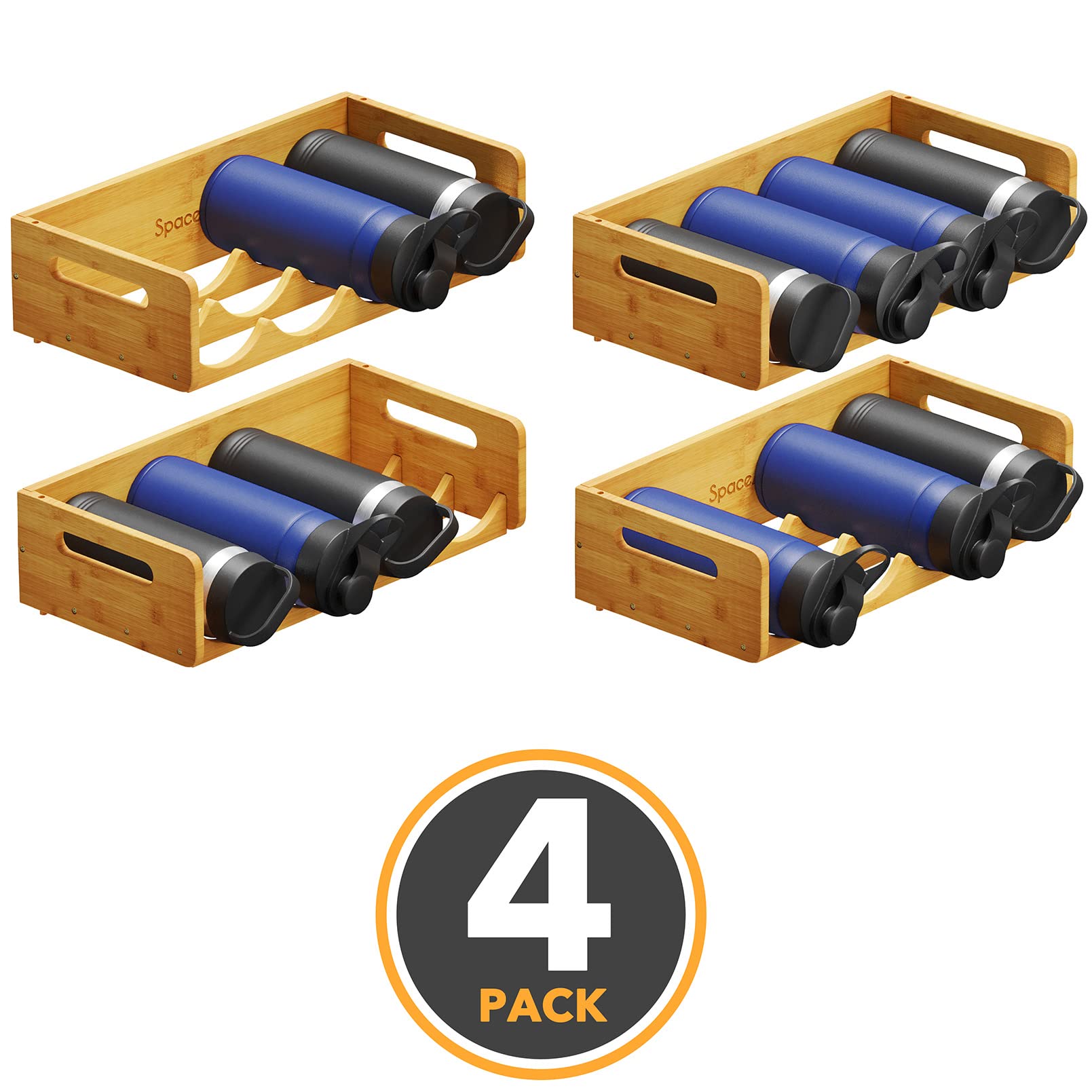 SpaceAid 4-Pack Bamboo Water Bottle Organizer with Labels - Kitchen Pantry Storage Rack for Cabinets, Home Cup & Wine Bottle Holder Shelf - 4-Slot Design Holds 16 Bottles - Perfect for Kitchen Organization, Pantry Storage & Home Decluttering