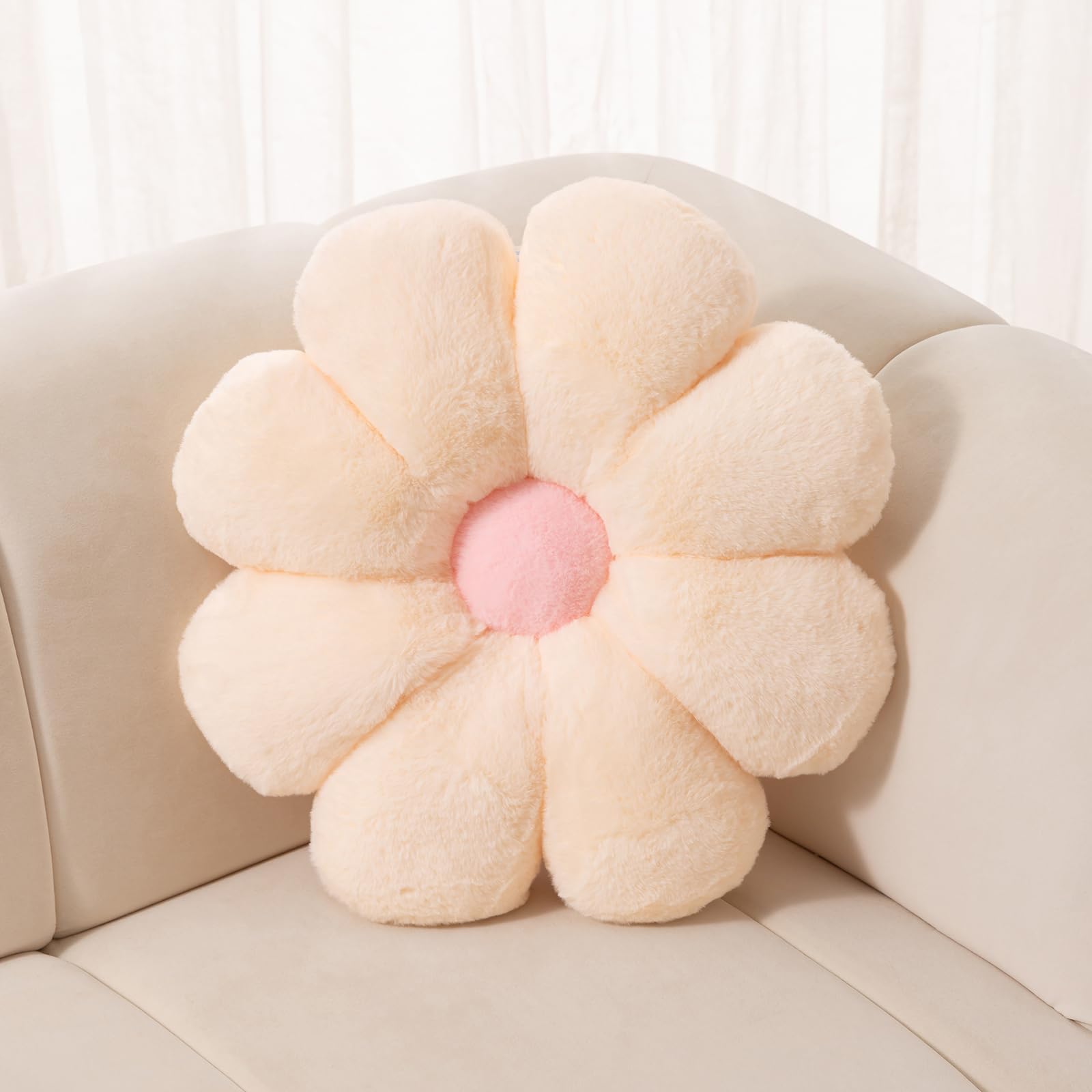 FIONOUT Daisy Flower Pillow - Soft Plush Throw Cushion for Reading & Decor (Beige) - Cozy Floor Seating & Room Decor