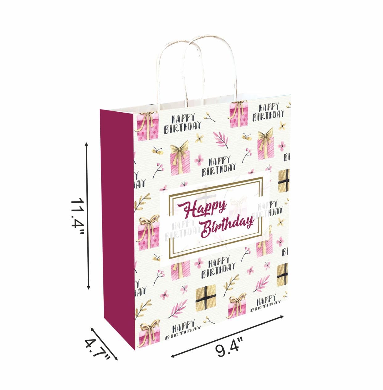 Omnipresent Pack 12-Piece Happy Birthday Printed Paper Gift Bags - 11.4x9.4x4.7 Inch Cream Colored 90 GSM - Perfect for Party Favors, Wedding Gifts & Holiday Presents