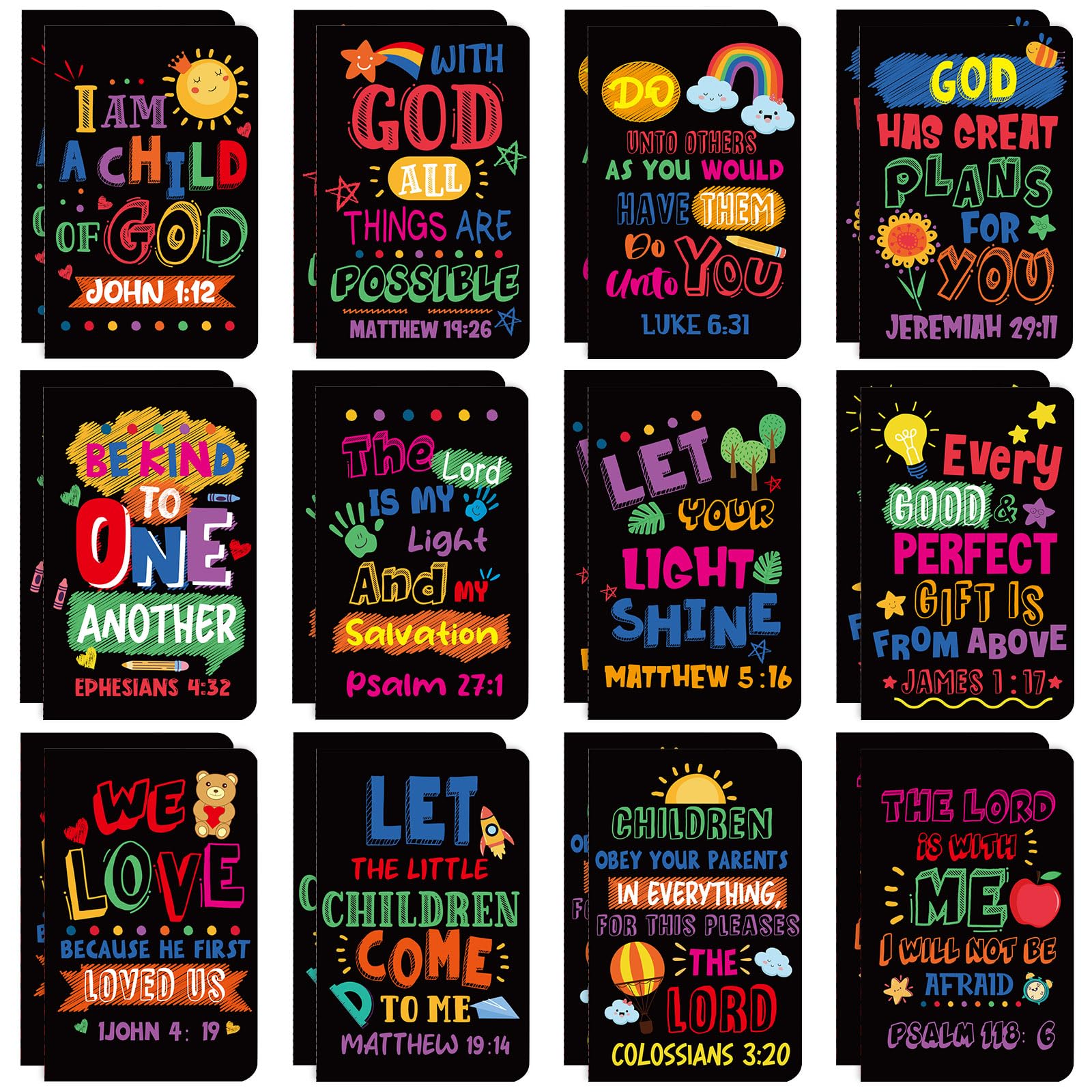 24-Piece Mini Bible Verse Notepads - Religious Pocket Notebooks with Inspirational Christian Quotes, Motivational Journals for Kids, Teachers, School, Home & Travel (Bible Black) - Perfect for Daily Devotion, Gift Giving & Faith-Based Encouragement