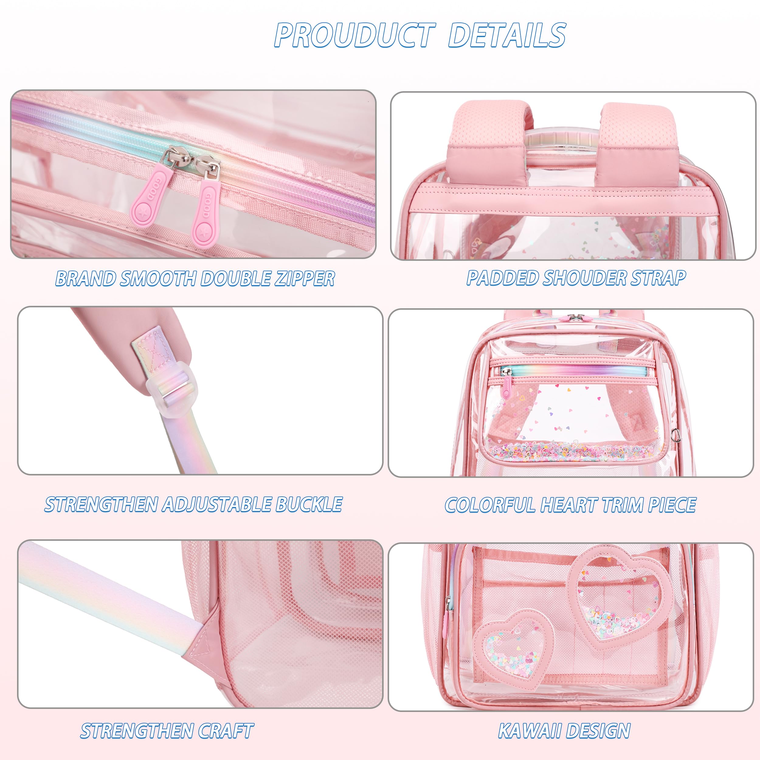 Caoroky Knight Clear Stadium Backpack - Heavy Duty TPU Transparent Bookbag for Women, Girls & Kids - Perfect for School, Travel, Sports Events & Concerts (Pink)