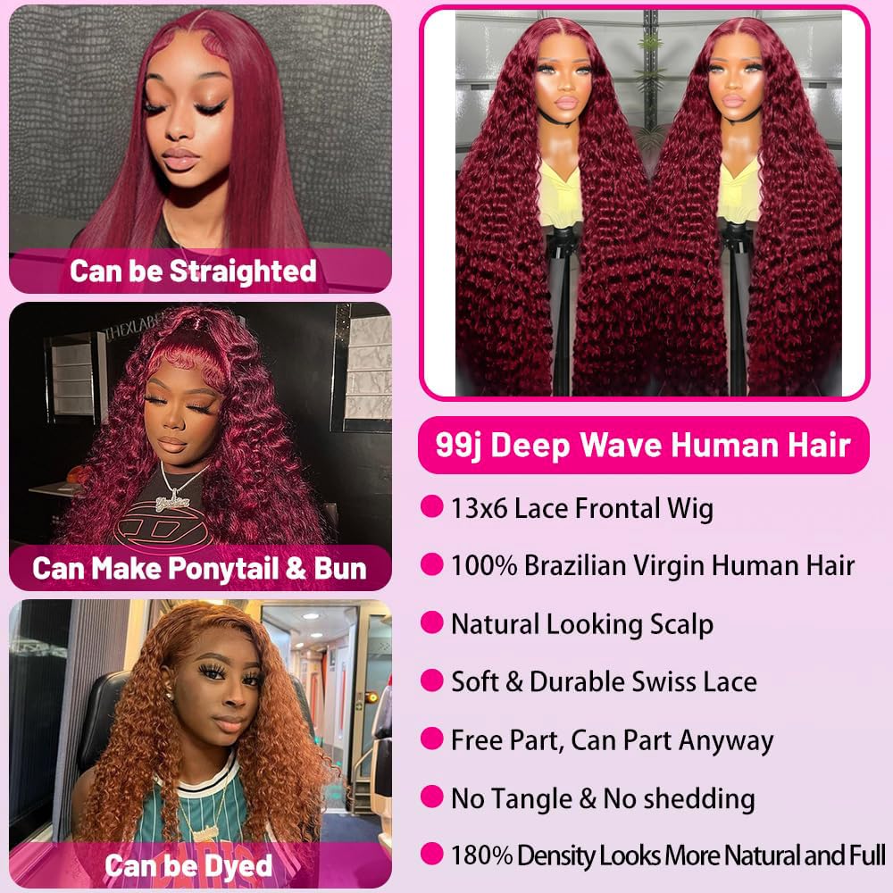 Burgundy 13x6 Deep Wave Lace Front Wig Human Hair 180% Density - 30 Inch Red Colored Curly Lace Frontal Wig for Black Women | 99J Brazilian Virgin Hair | Perfect for Parties, Weddings & Daily Wear