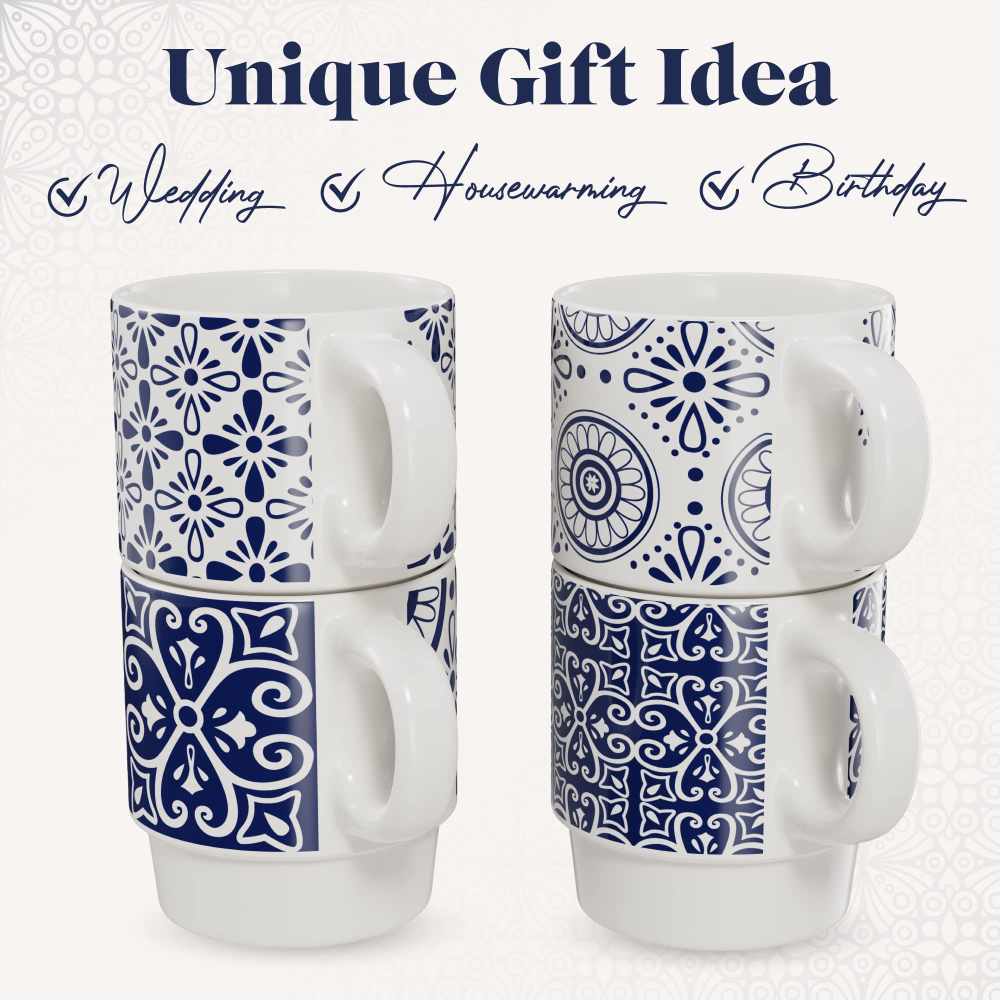 American Atelier 4-Piece Ceramic Coffee Mug Set with Stackable Rack – 14oz Medallion Blue Design – Perfect for Home, Office, or Gift Giving