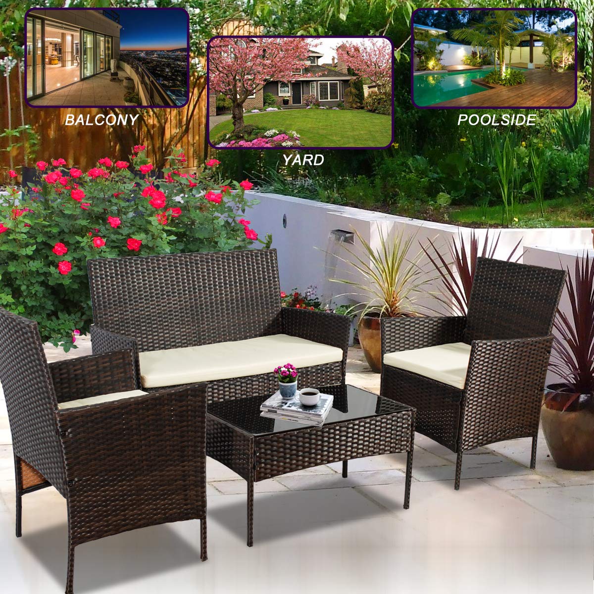 4-Piece Outdoor Patio Furniture Set - Brown Rattan Wicker Sofa & Chairs with Cushions & Glass Table - Durable All-Weather Garden, Poolside, Deck, or Backyard Lounge Seating
