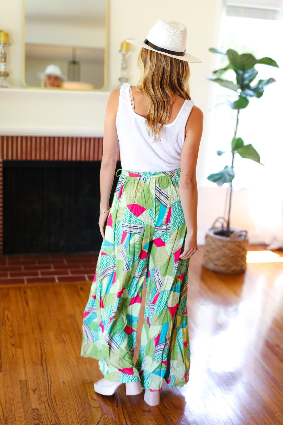 Feeling Couture Ivory & Mint Geo Print Wide Leg Jumpsuit - Women's Fashion Romper for Casual Outings, Beach Vacations & Summer Parties