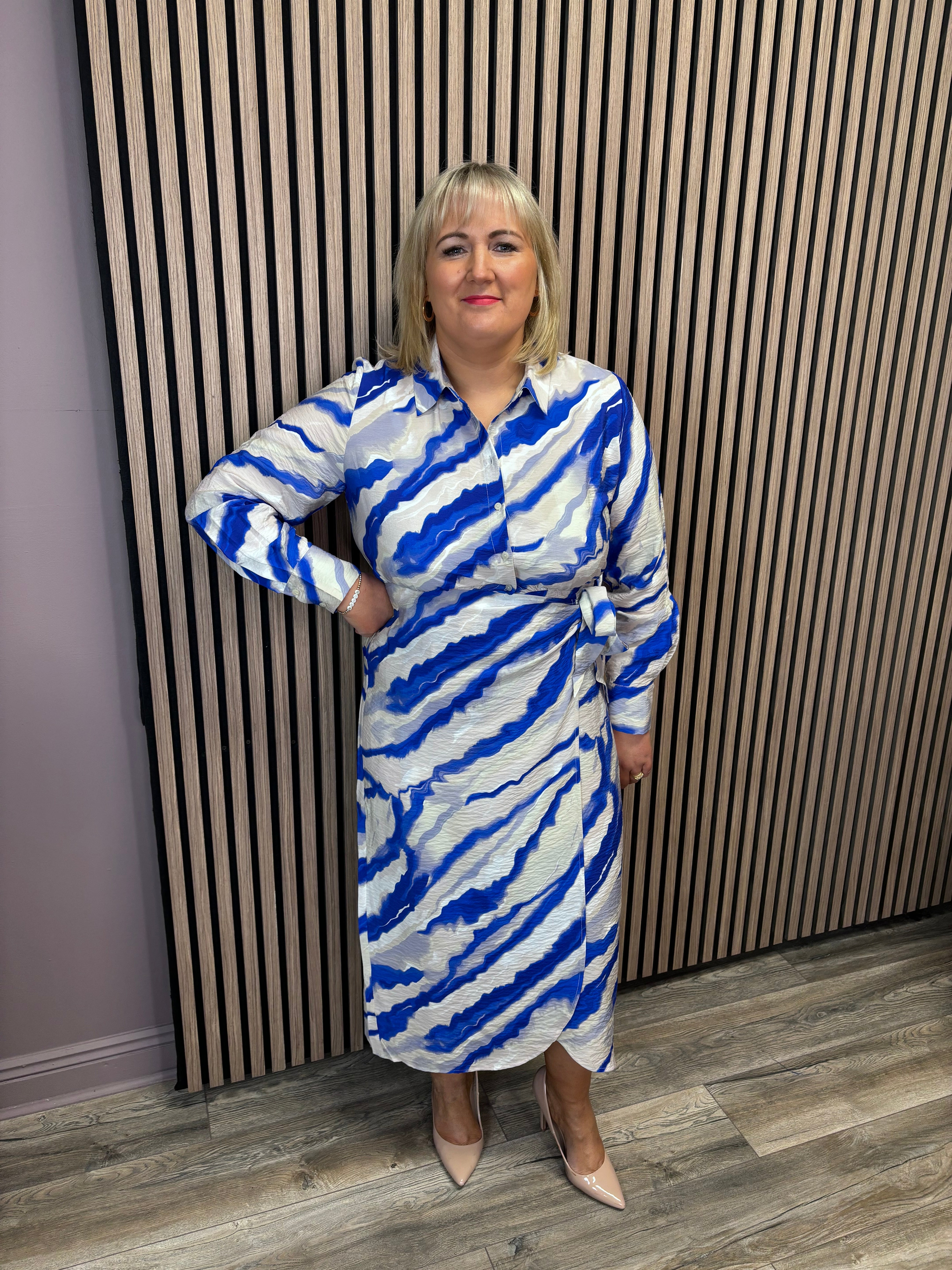 IDOM Long Sleeve Midi Shirt Dress for Women - Grey Violet Floral Print, Casual Office Wear, Spring Summer Dress with Pockets