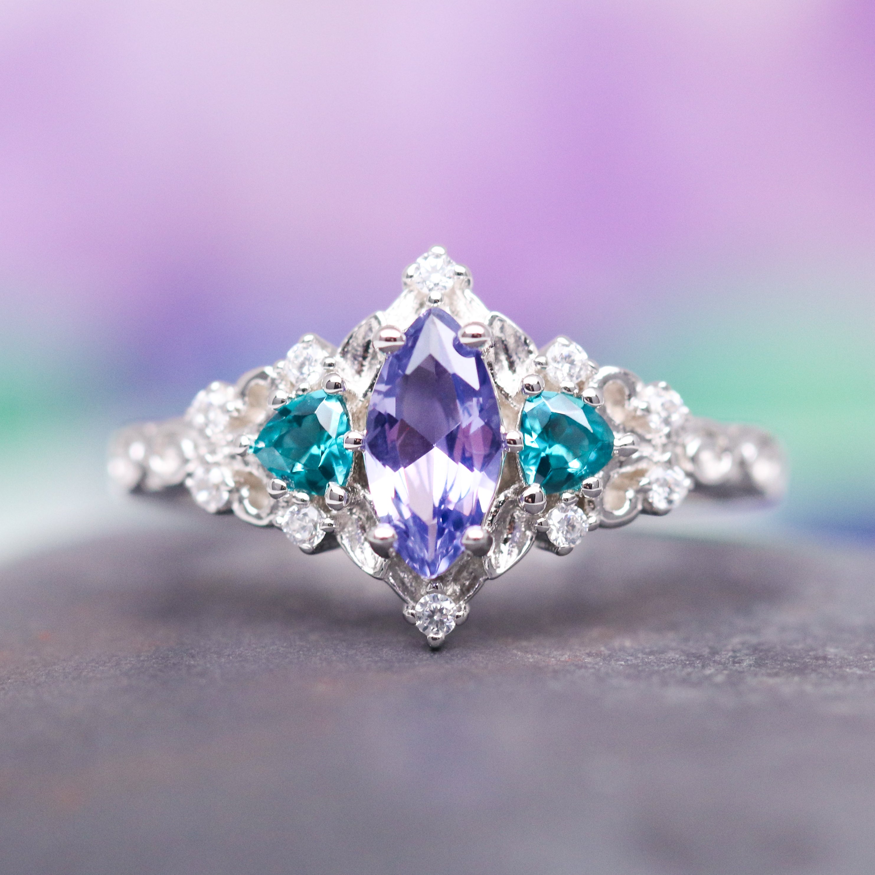 Borealis Tanzanite & Teal Sapphire Couples Ring - Mountain Range Design - Matching Wedding Bands for Him & Her - Perfect for Anniversaries, Engagements & Romantic Gifts