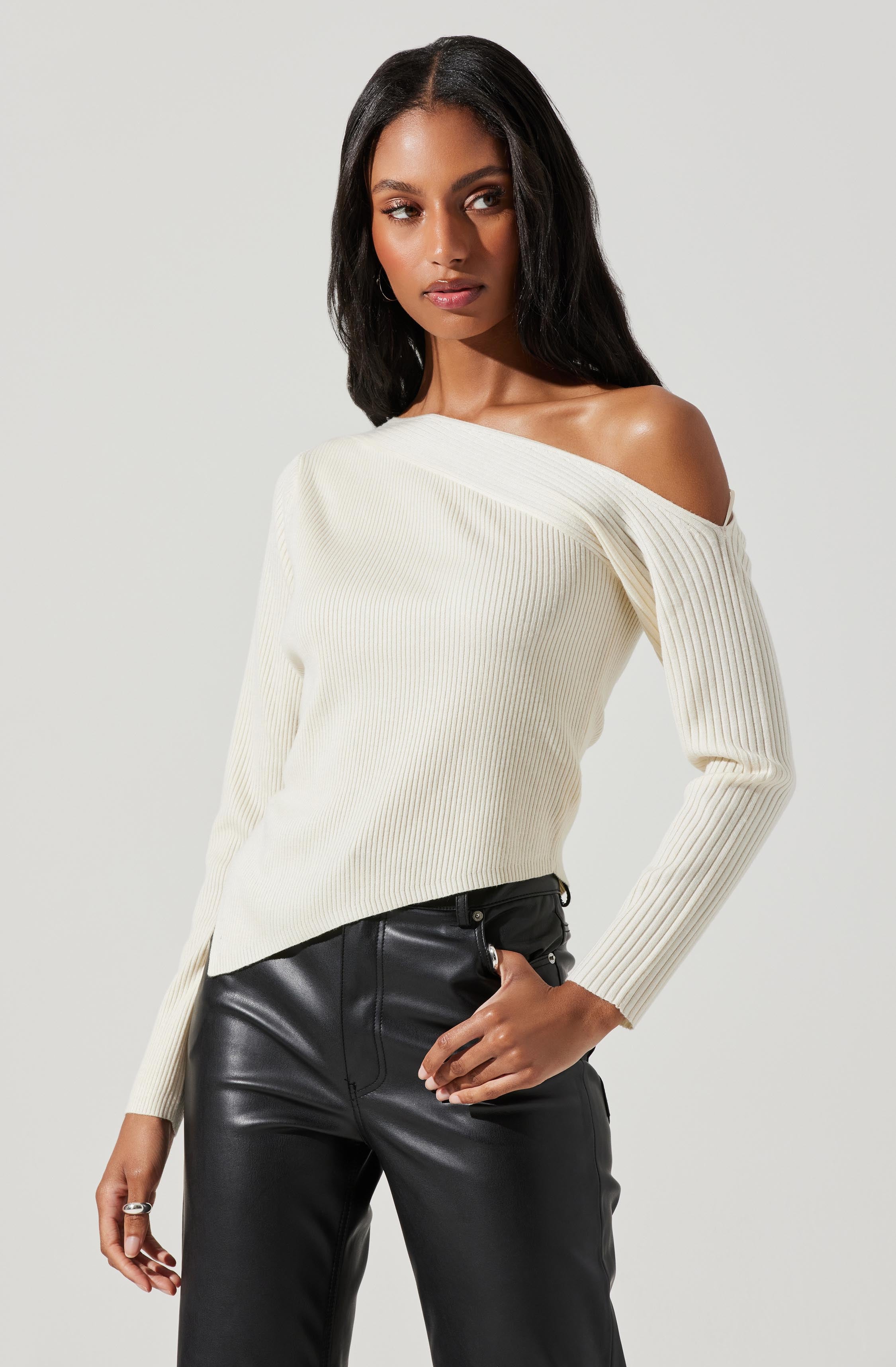 Aldari Off Shoulder Ribbed Sweater for Women - Soft Knit Pullover Top for Casual Wear & Date Nights | Fall Winter Fashion Essential