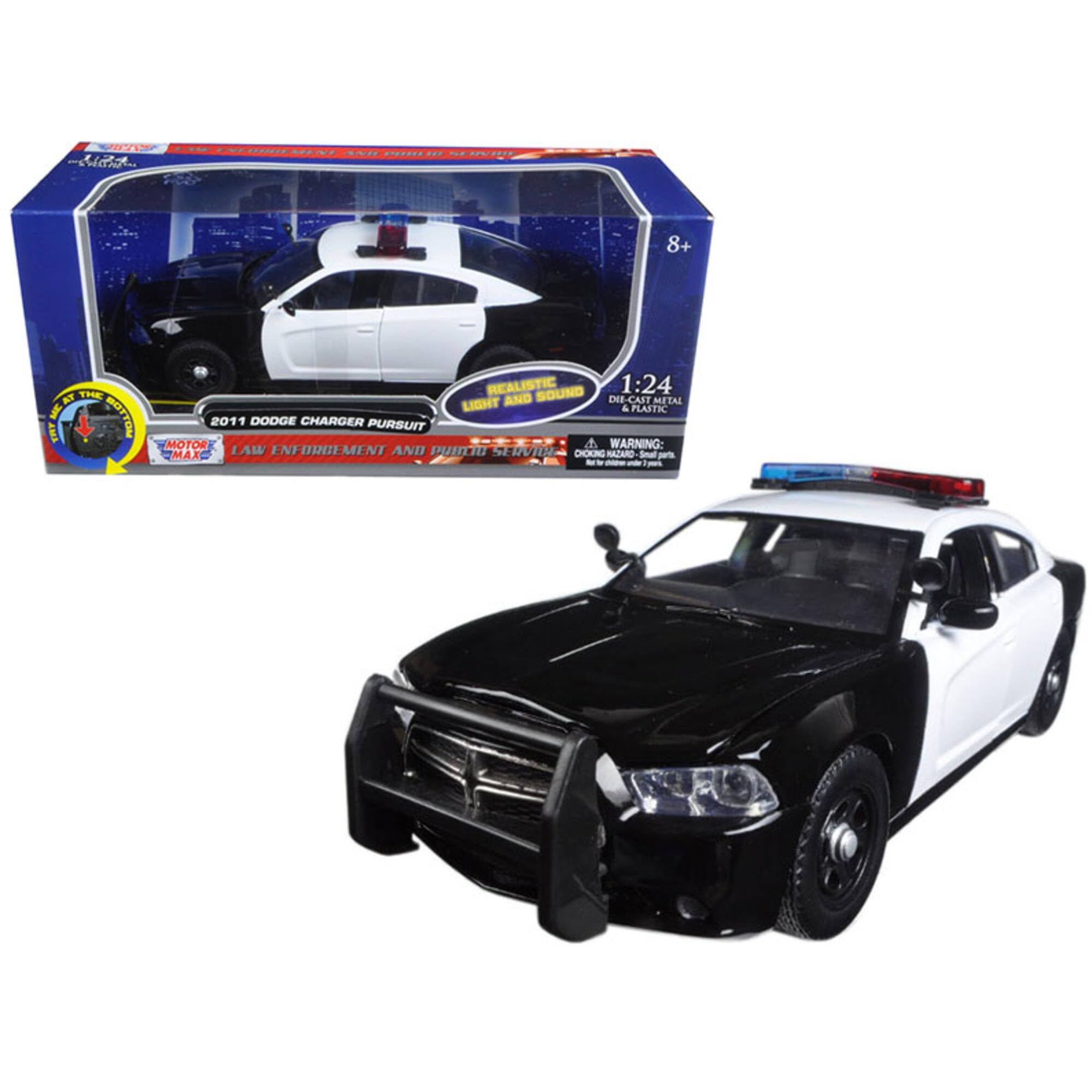 1/24 Scale Motormax 2011 Dodge Charger Police Diecast Model Car with Flashing Light Bar, Working Headlights & Siren Sounds - Perfect for Collectors, Display & Play Scenes