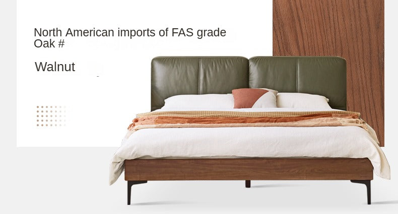 Luxury Oak Solid Wood Bed with Soft Leather Upholstery - Elegant Master Bedroom Furniture for Modern Home Decor