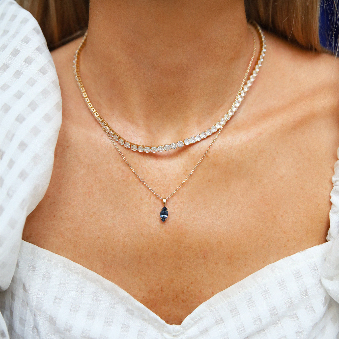 Petite Navette Necklace in Denim Blue - Elegant Minimalist Jewelry for Women | Perfect for Everyday Wear, Office & Special Occasions