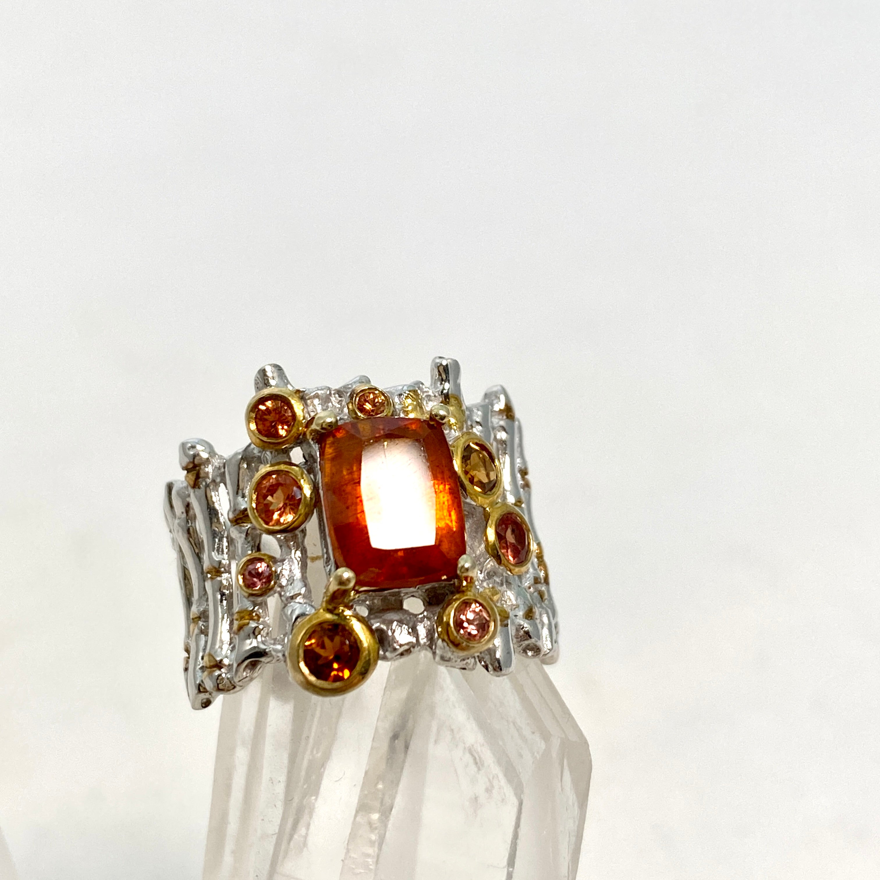 Orange Kyanite Cushion Cut Ring with Tourmaline & Sapphire - Size 8 - Designer Jewelry for Women | Perfect for Weddings, Anniversaries & Special Occasions