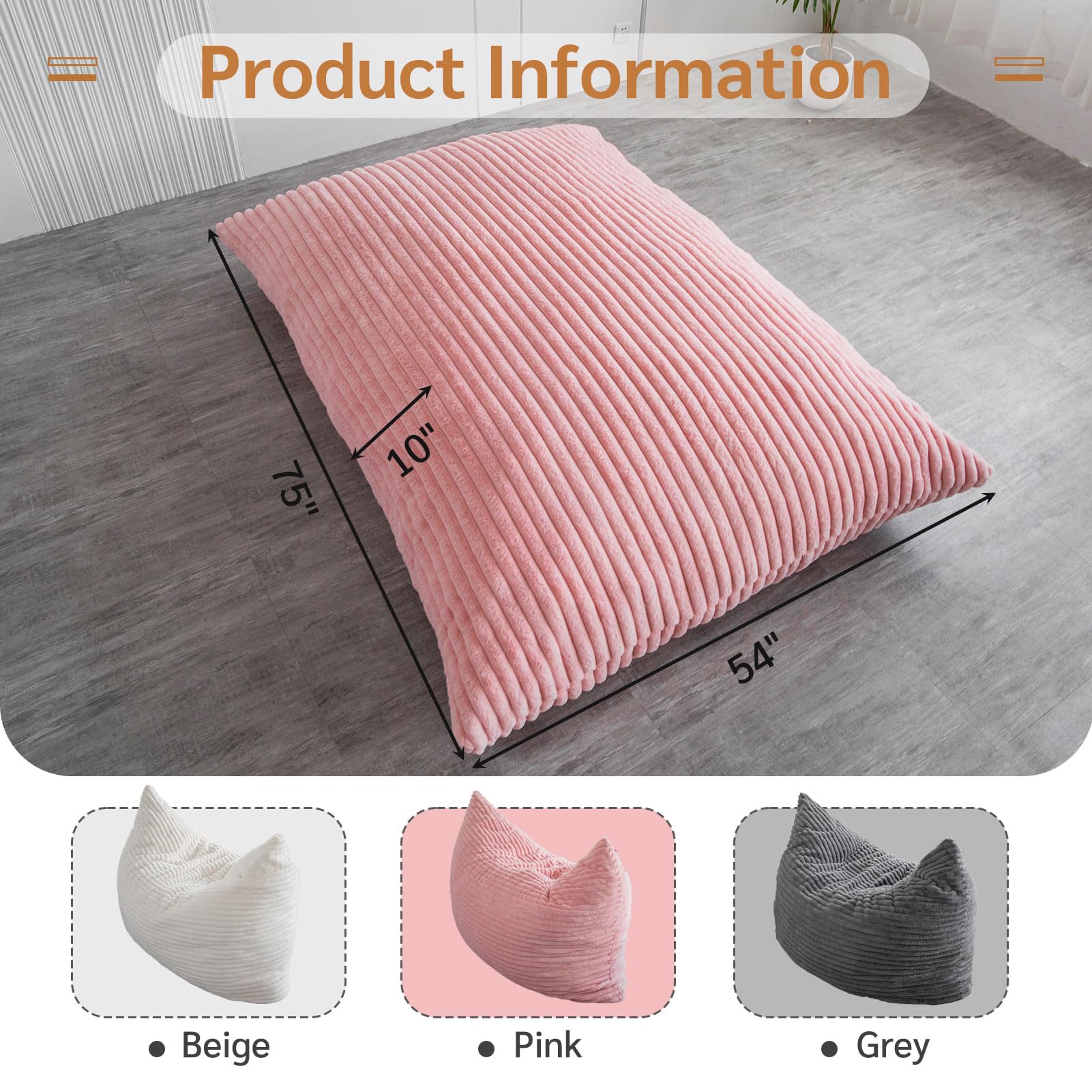 MAXYOYO 3-in-1 Convertible Bean Bag Chair - Soft Striped Faux Fur Large Floor Pillow for Kids & Adults - Pink - Perfect for Bedroom, Living Room & Dorm Room Relaxation