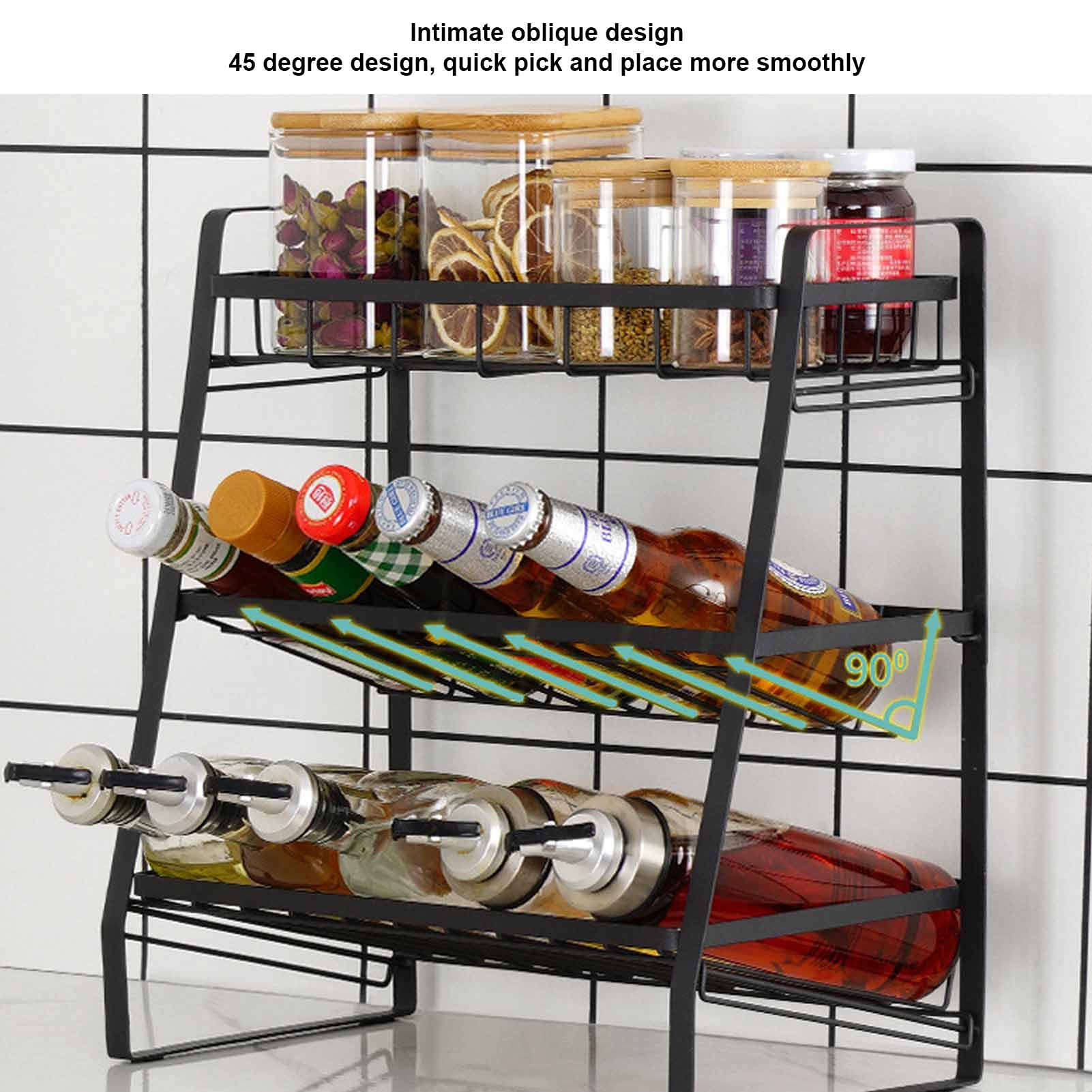 FIYO 3-Tier Black Kitchen Storage Shelf - Countertop Organizer for Spices, Utensils & Pantry Items | Adjustable Detachable Spice Rack with Flat Bottom | Perfect for Small Kitchens, Countertops & Pantry Organization