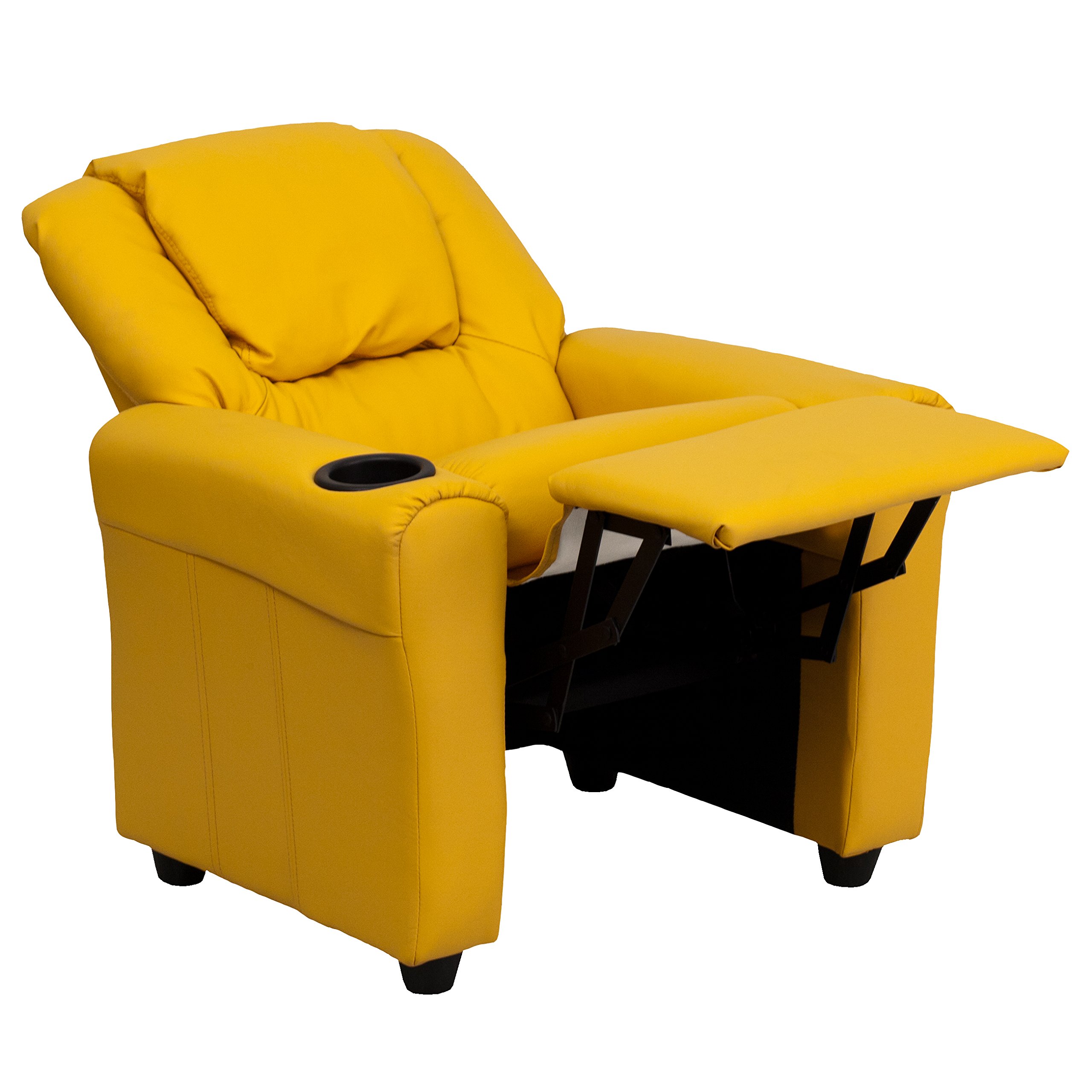 Comfortable Yellow Vinyl Kids Recliner Chair with Cup Holder & Headrest - Perfect for Playroom, Bedroom, or Movie Night Snuggles