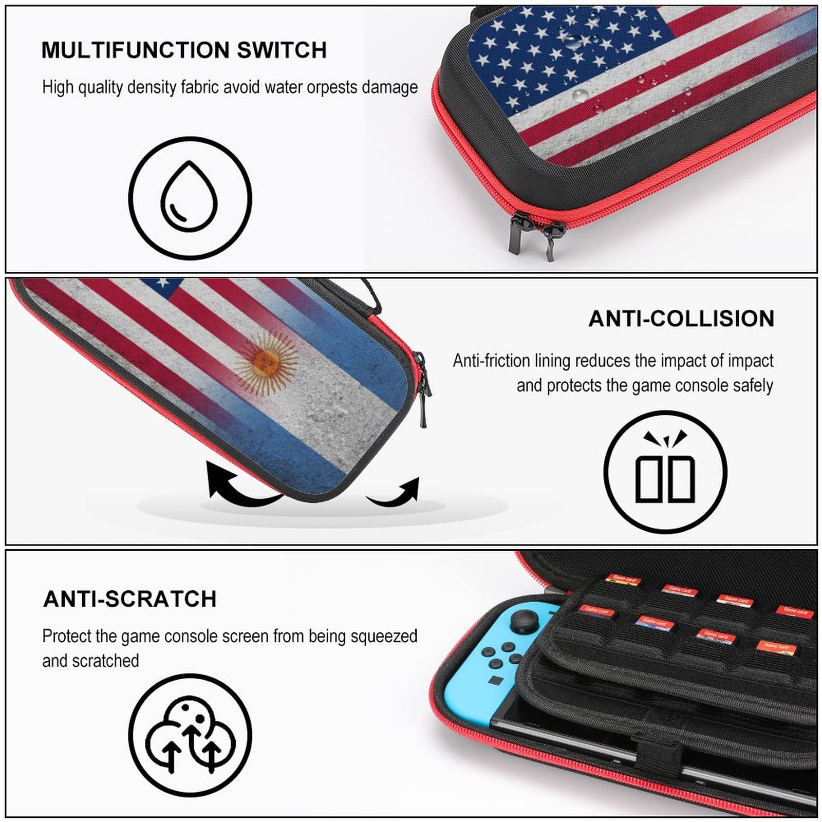 USA & Argentina Flag Nintendo Switch Carrying Case - Portable Travel Cover with 20 Game Card Slots | Perfect for Gaming On-The-Go & Travel Accessories