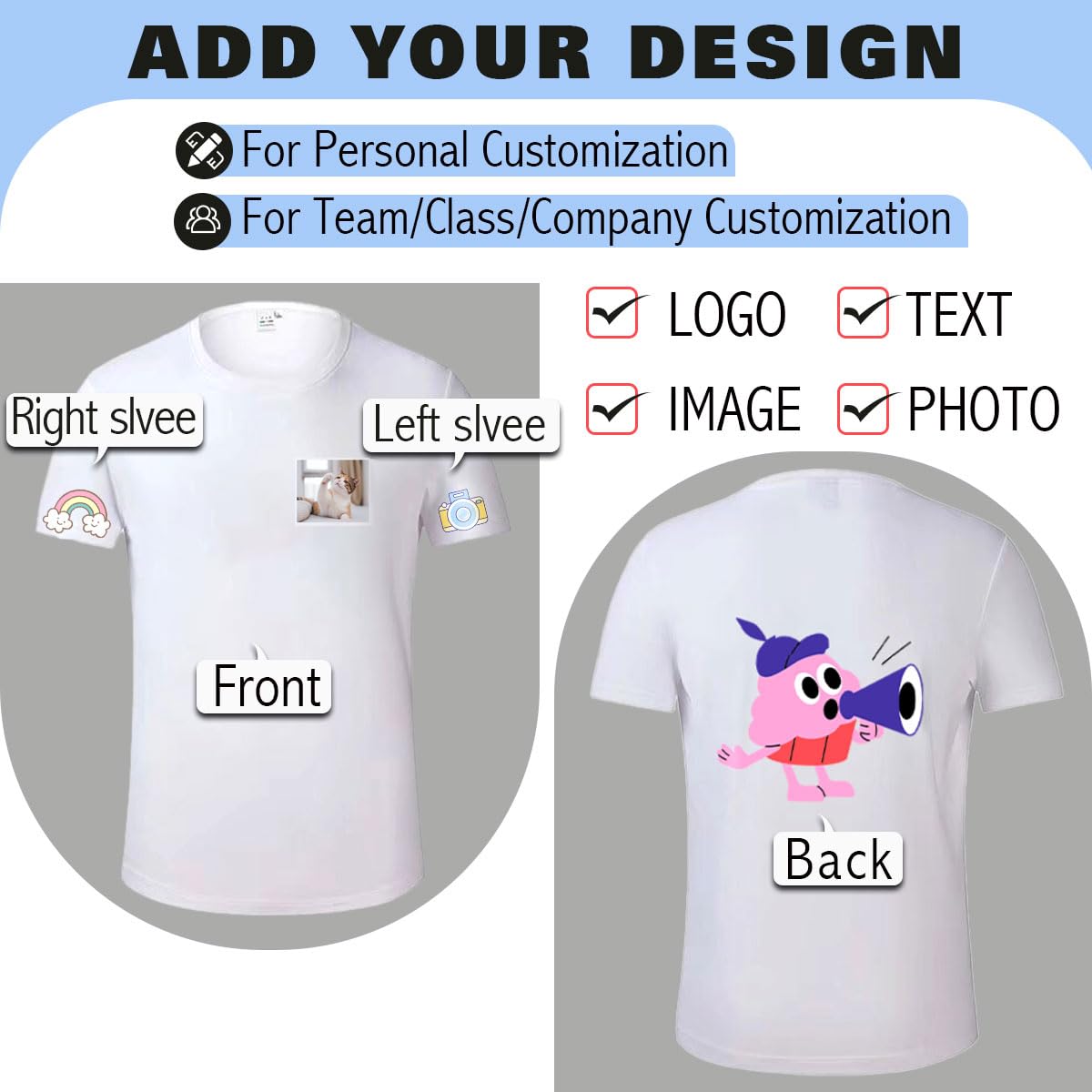 Custom Logo T-Shirts for Men & Women - 100% Cotton Personalized Printed Tees - Perfect for Team Uniforms, Events & Promotions