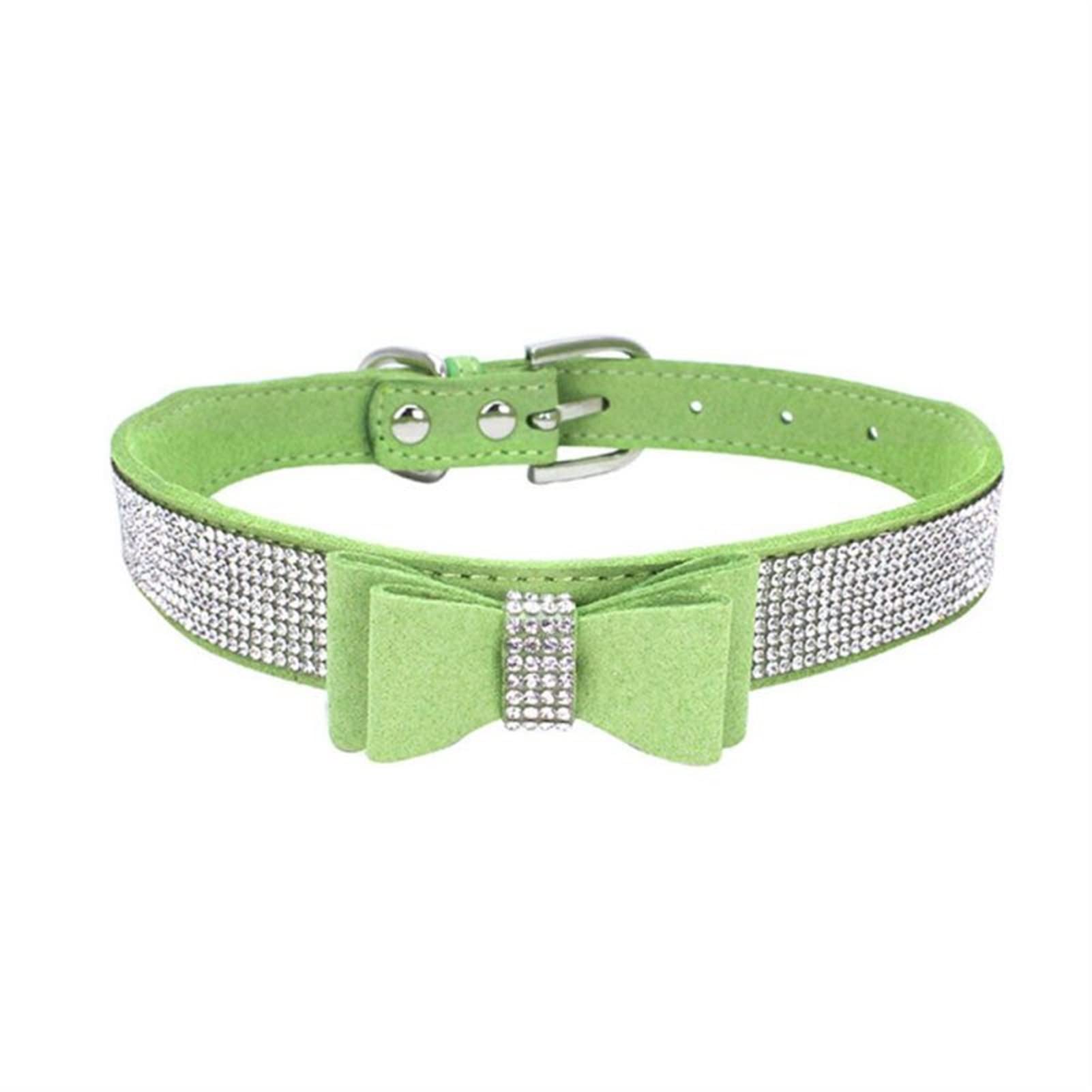 Sparkling Rhinestone Bow Knot Pet Collar for Small & Medium Dogs & Cats - Soft, Cute & Shiny Green Collar - Perfect for Home, Walks & Special Occasions (Size M)