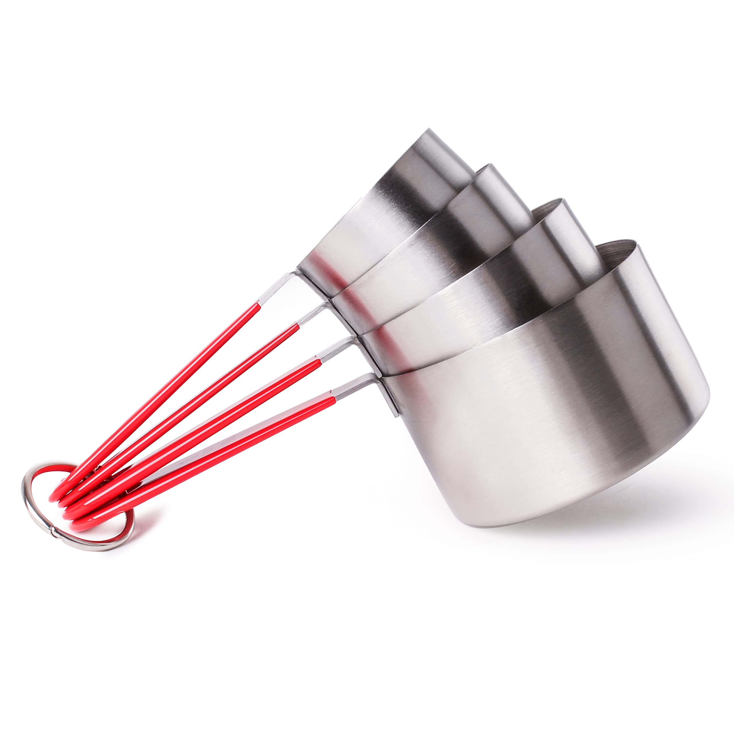 BergHOFF 4-Piece Stainless Steel Measuring Cups Set - Round, Silver & Red, Stackable with Hanging Loop for Baking, Cooking & Kitchen Organization