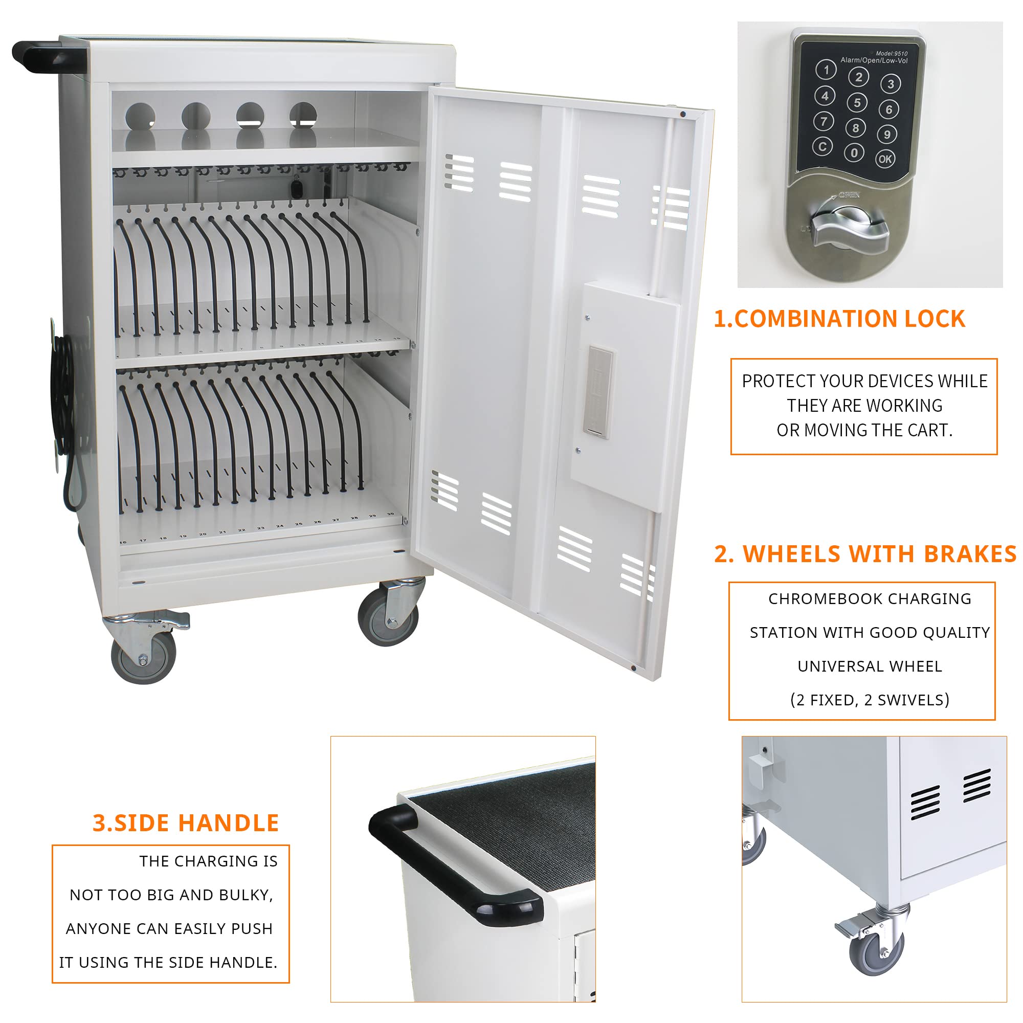32-Port Mobile Charging Cart with Password Lock - Secure Charging Station for iPads, Chromebooks & Laptops - Lockable Front/Back Doors & Surge Protection - Ideal for Schools, Offices & Libraries